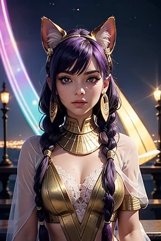 Déesse Egyptienne, Bastet, White Toga, Jewel Dorée, oreilles de chat, Cat tails; Dark and Purple hair, Braided long hair, , belle poitrine, clivage, Charismatic character, in a Halo of Light, Avatar de seconde vie, Nice screenshot, Femme seduisante vue complète du corps, High quality, very detailed skin