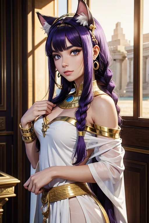 Déesse Egyptienne, Bastet, White Toga, Jewel Dorée, oreilles de chat, Cat tails; Halo of light around her, Dark and Purple hair, Braided long hair, , belle poitrine, clivage, Charismatic character, In front of a pyramid, Avatar de seconde vie, Nice screenshot, Femme seduisante vue complète du corps, High quality, very detailed skin