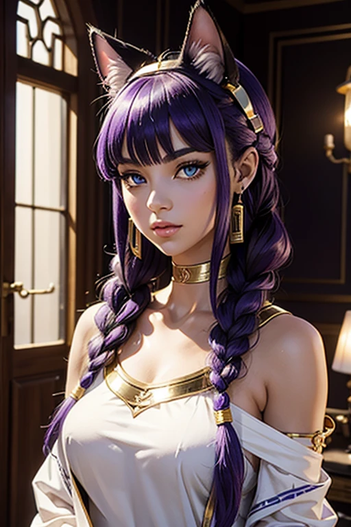 Déesse Egyptienne, Bastet, White Toga, Jewel Dorée, oreilles de chat, Cat tail,; Dark and Purple hair, Braided long hair, , belle poitrine, clivage, Charismatic character, in a Halo of Light, Avatar de seconde vie, Nice screenshot, Femme seduisante vue complète du corps, High quality, very detailed skin