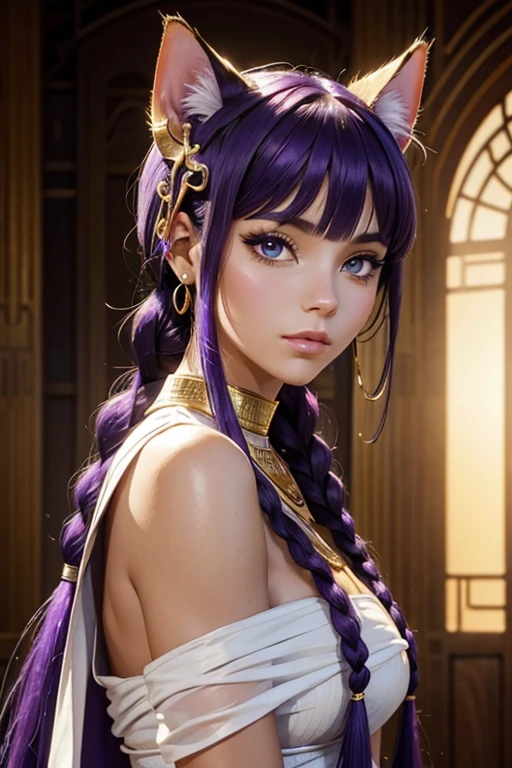 Déesse Egyptienne, Bastet, White Toga, Jewel Dorée, oreilles de chat, Cat tail,; Dark and Purple hair, Braided long hair, , belle poitrine, clivage, Charismatic character, in a Halo of Light, Avatar de seconde vie, Nice screenshot, Femme seduisante vue complète du corps, High quality, very detailed skin