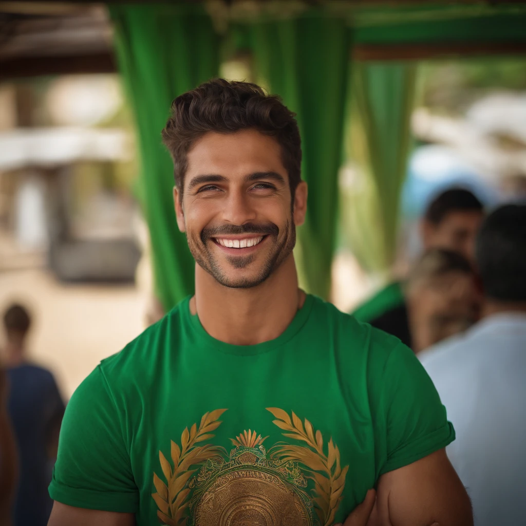 jovem masculino,meio corpo,realista,feliz ,sorridente,30 anos,olhos verdes,moreno claro,aventureiro