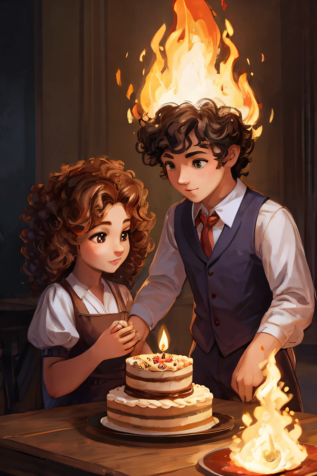 a girl and a boy with curly hair looking at a table with a cake completly on fire