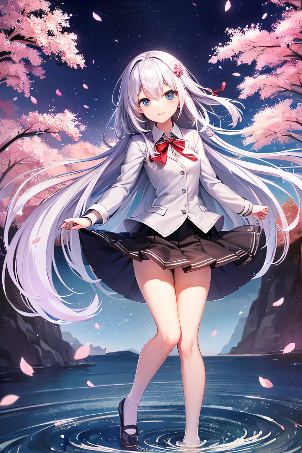 high-level image quality、fantastical light、Silvery hair、Longhaire、bow ribbon、School uniform with open chest、Cherry blossom petals、The wind is blowing、Full body、Blue eyes、Narrow thighs、Beautiful wet skin、Gentle smile、Red ribbons