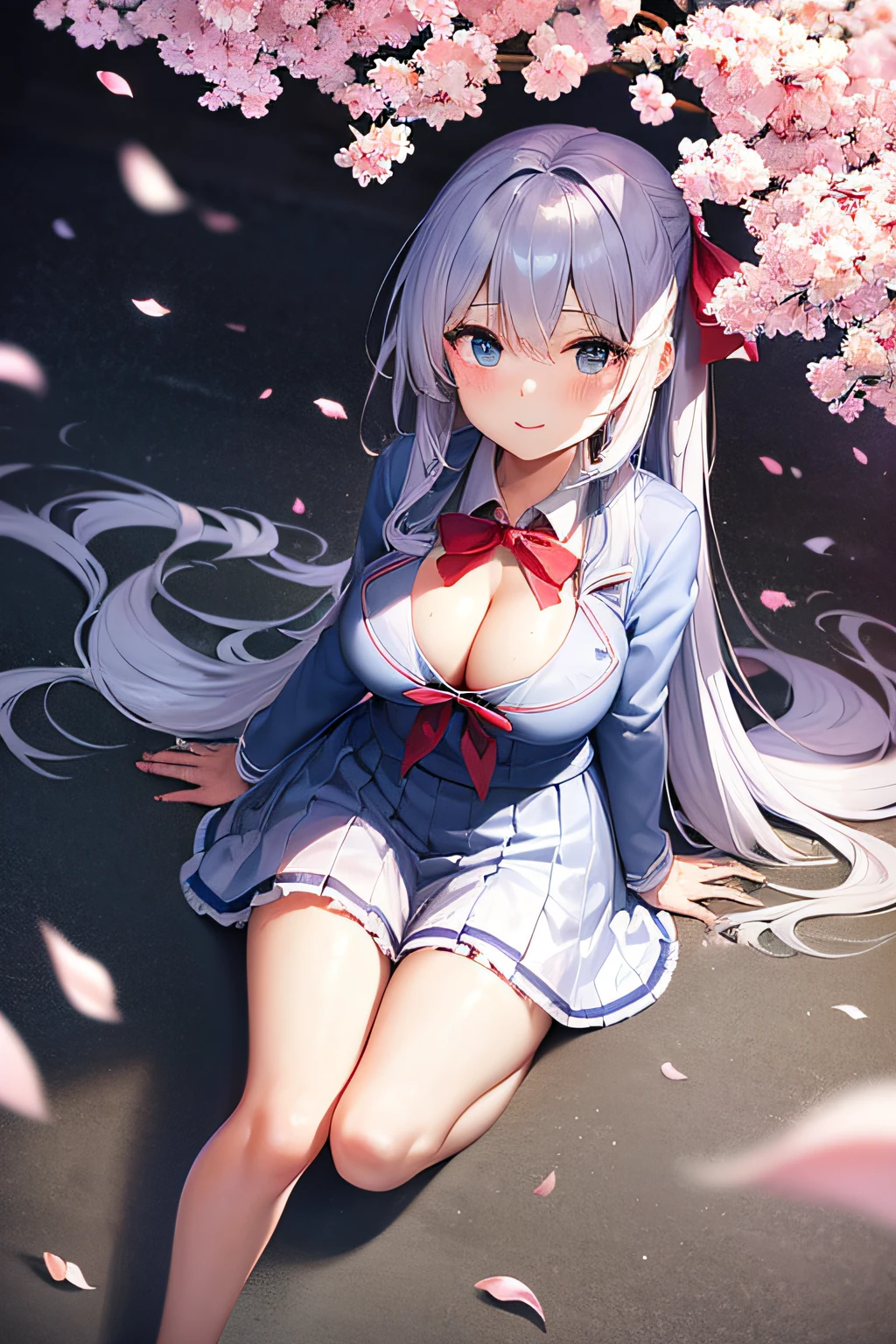 high-level image quality、fantastical light、Silvery hair、poneyTail、cleavage of the breast、bow ribbon、School uniform with open chest、Cherry blossom petals、The wind is blowing、Full body、Blue eyes、Narrow thighs、Beautiful wet skin、Gentle smile、Red ribbons