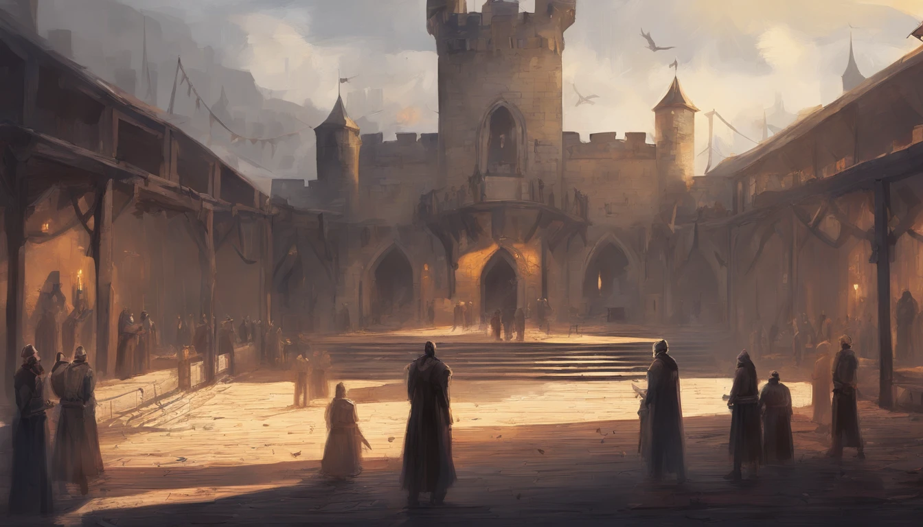 medieval castle courtyard on a cloudy day with cold yellow sunlight. There is an public execution and the air smells of blood and death. people are beheaded on a wooden platform. Next to the wooden platform is a lot of blood and dead bodies. There are many people around the area watching the execution.