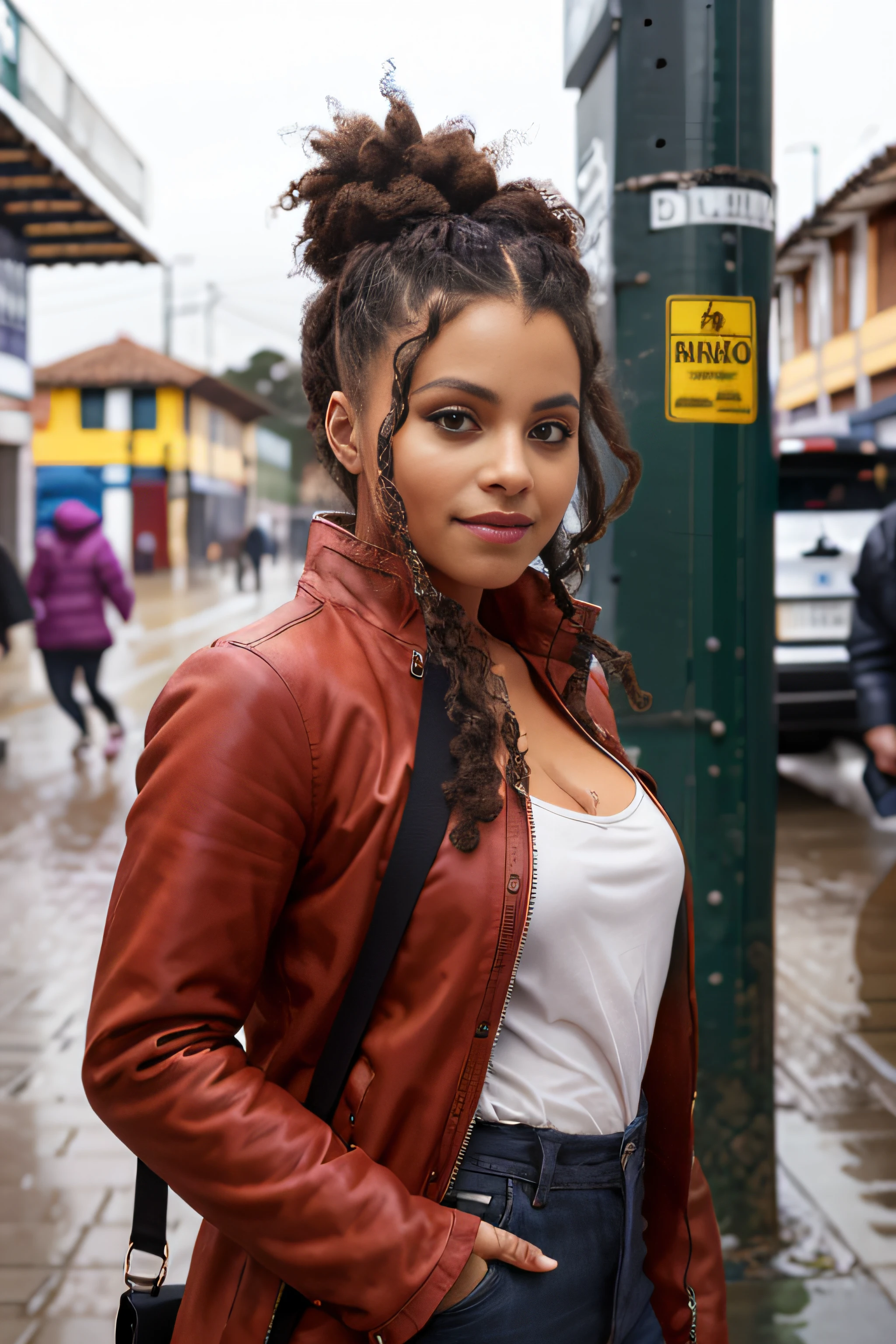 Photo of beautiful Caucasian woman, Zazie fotorrealista, Rastas, absurdos, (chaqueta larga de color rojo), con una sombrilla mirando a lo lejos.. en la ciudad de Bogota colombia ((de perfil,bajo lluvia)), manos perfectas