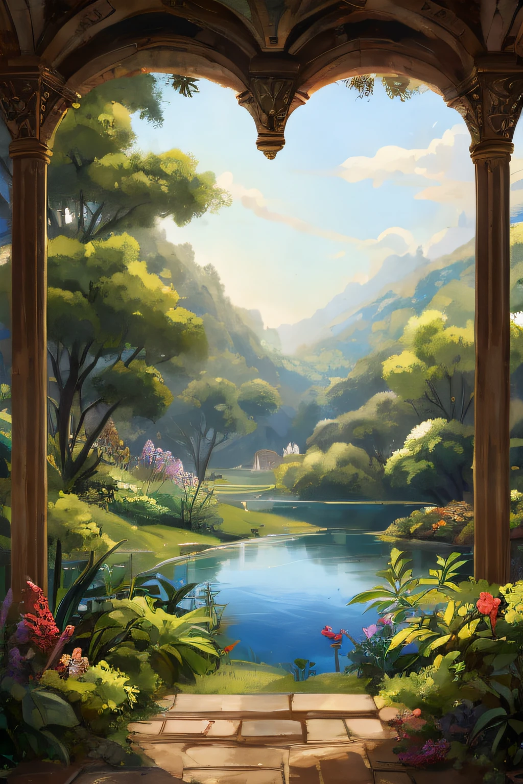 a magic garden with tall walls of plants and a little lake