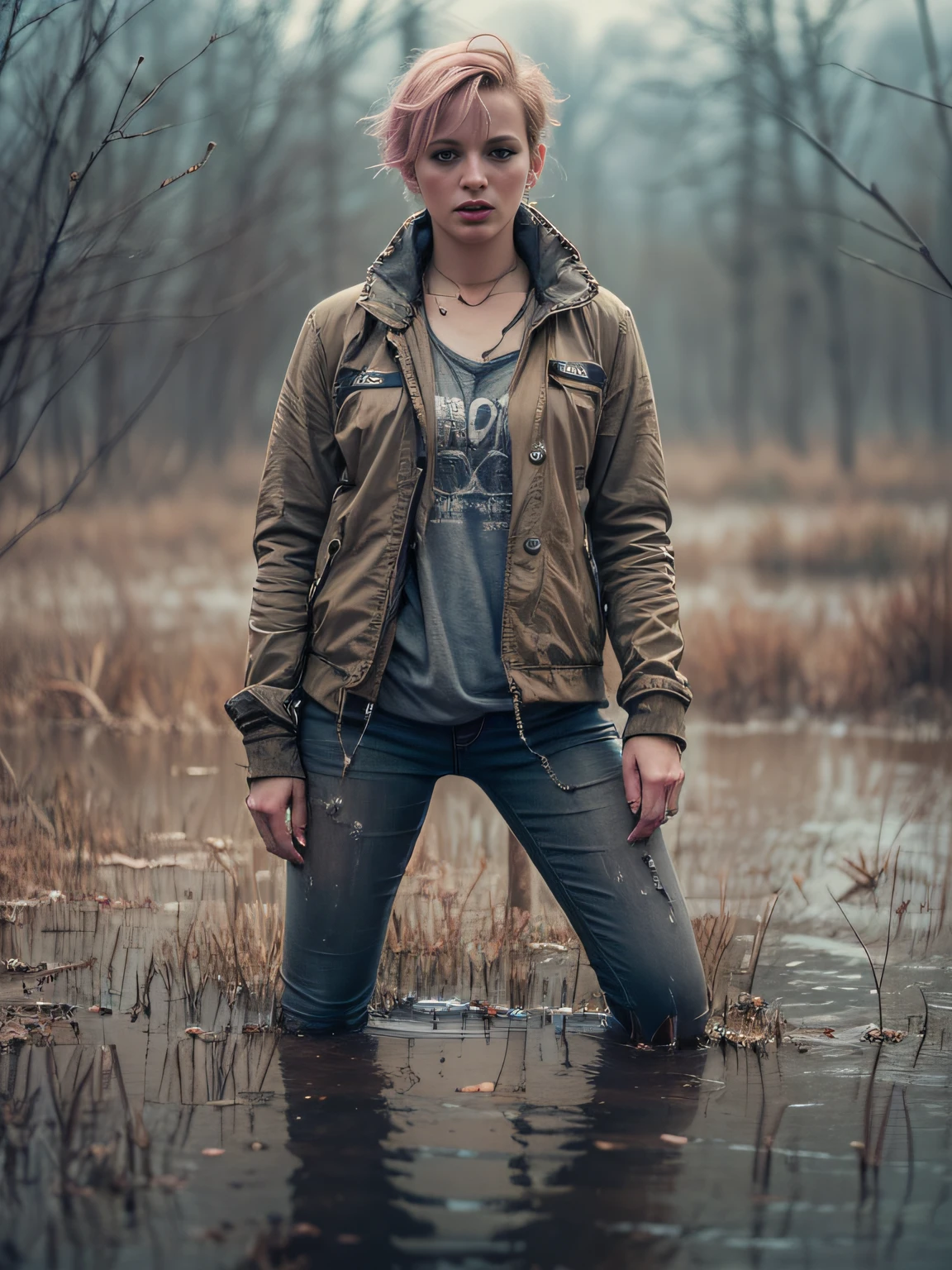 (Best Quality,hight resolution,Masterpiece, Overhead view:1.20),Ultra-detailed,The woman,Wide flares on jeans:1.7,In the swamp,standingn:1.2,The whole body, (shame+despair+ecstasy:1.3),gritty texture,melancholic expression on his face,mysterious aura,foggy background,Subtle color palette,provocative pose,Strong emotions,Piercing gaze,Rugged terrain,ominous vibe,A supernatural sensation,asymmetrical bangs, freckles, pink short hair, freckles, gray eyes,