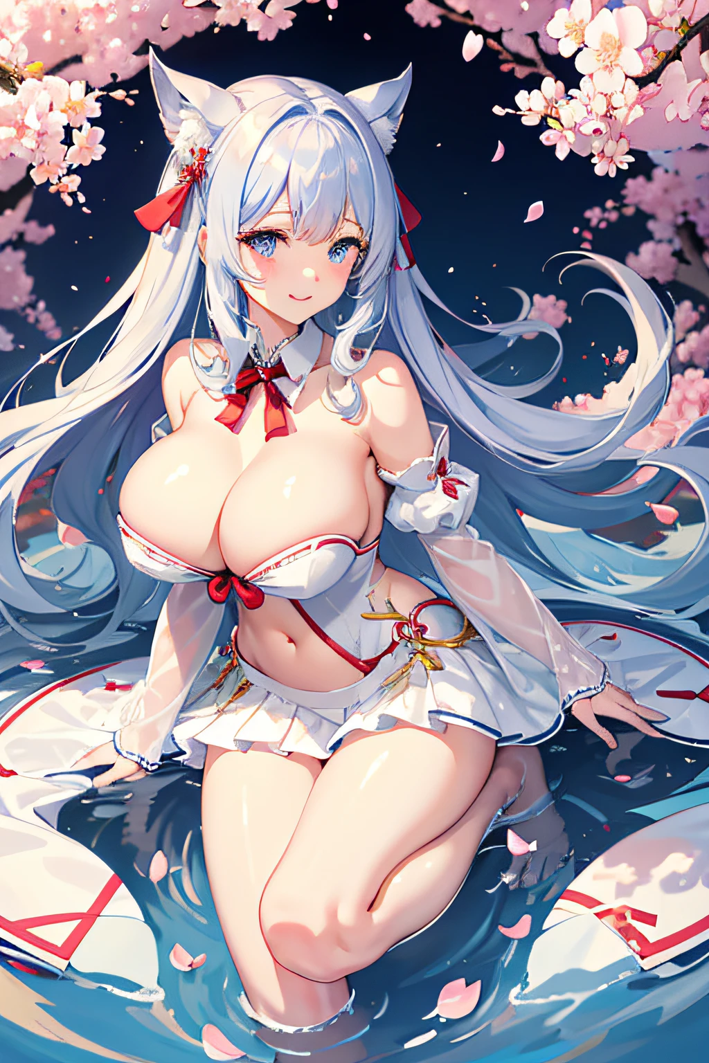 high-level image quality、fantastical light、Silvery hair、poneyTail、cleavage of the breast、bow ribbon、School uniform with open chest、Cherry blossom petals、The wind is blowing、Full body、Blue eyes、Narrow thighs、Beautiful wet skin、Gentle smile、Red ribbons