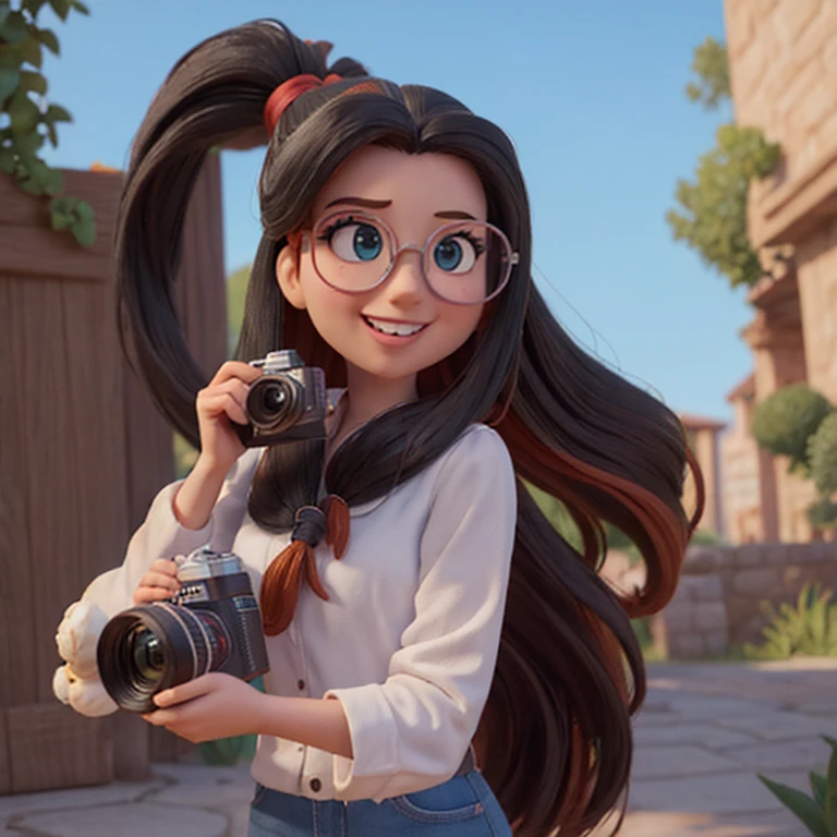 Retrato estilo Pixar con personaje 3D de una mujer con gafas,long black hair in a ponytail holding a canon camera, Maquillaje de Disney,hermoso, sonriente ,primer plano, Pixar, Disney, cinema lighting,