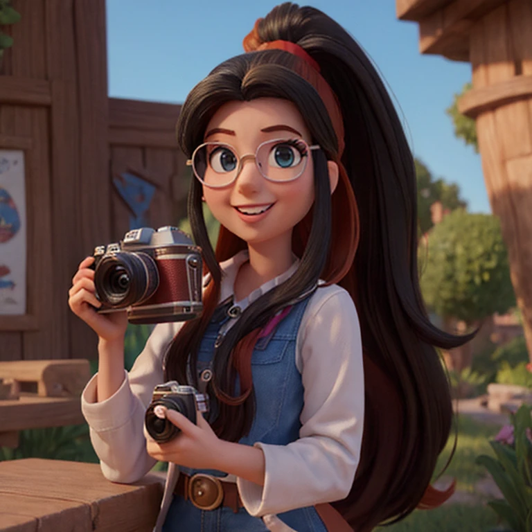 Retrato estilo Pixar con personaje 3D de una mujer con gafas,long black hair in a ponytail holding a canon camera, Maquillaje de Disney,hermoso, sonriente ,primer plano, Pixar, Disney, cinema lighting,