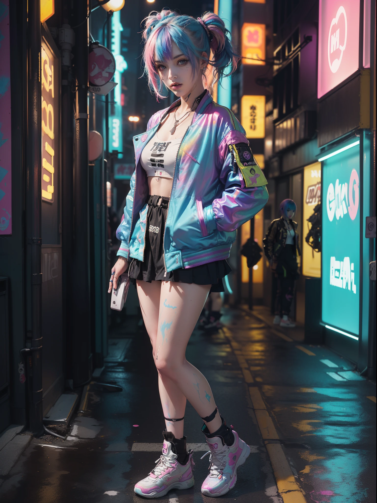 1 cyberpunk girl, solo, waist up, from above, (((colorful dyed hairstyle, cyberpunk clothing, standing in front of motorcycle, neon cyberpunk city street, (colorful Harajuku tech jacket m:1.2)))), official art, unity 8k wallpaper, ultra detailed, aesthetic, masterpiece, best quality, photorealistic