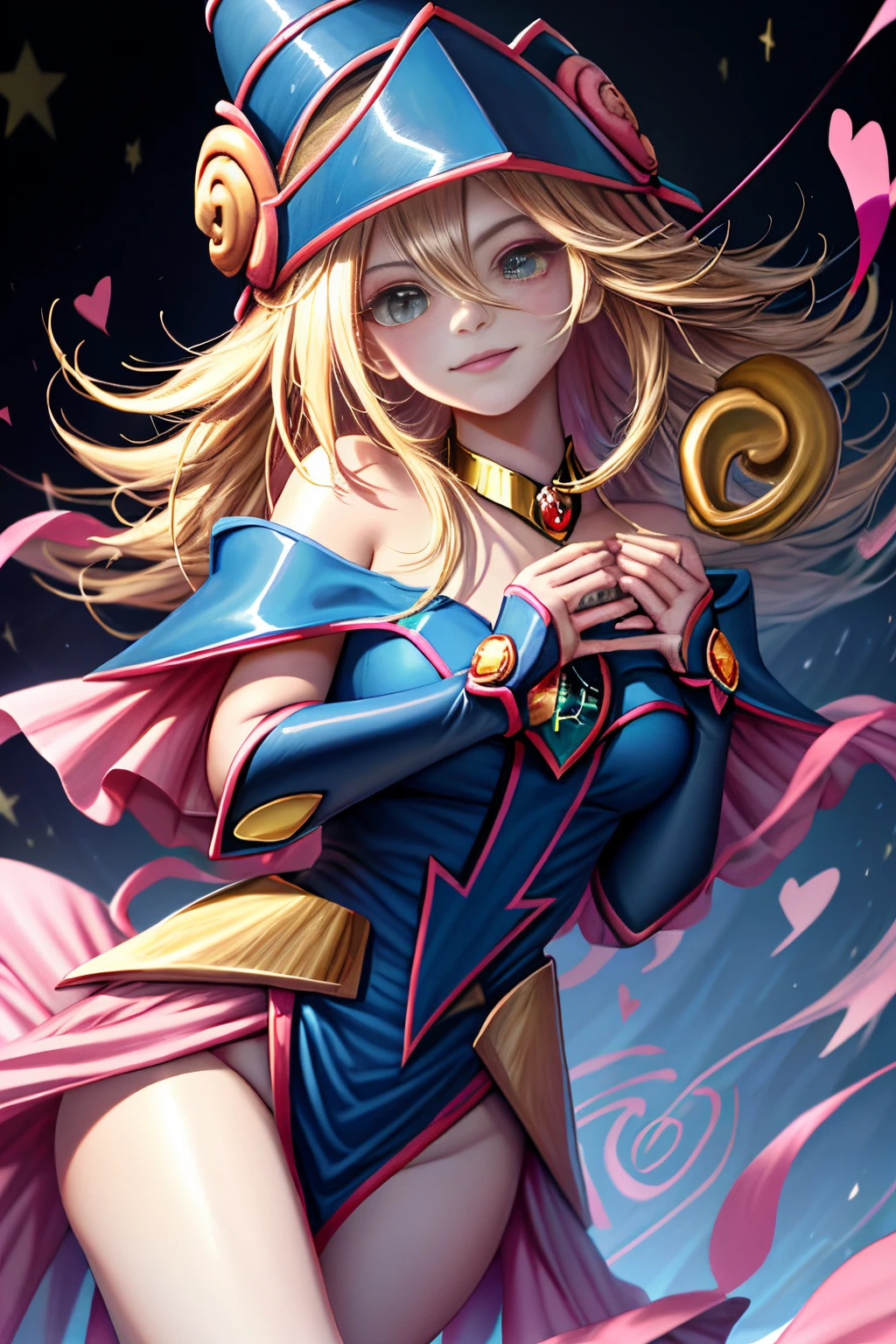 (tmasterpiece, Mejor calidad; 1.3), CG extremadamente detallado, Ultra - detallado, 1 chica Mago negro chica, solamente, smil, Mirando a Viewert, Cachorros elegantes, cabellos largos dorados, eOjos azules,
SV1, Uniforme de chica maga oscura, guantes en el codo, Casco, Los marineros lideran a Rubio, Cintas rojas, collar naranja, Guantes blancos, jewely, de lo anterior,
multiple hearts, Enfoque de cara, Venus, Tornado, Fondos abstractos, heart storm, Hart's Lightning, heart bubbles, heart balls, Estrella de Halt, heart flower, heart light, The world of the heart, heartbackground, Antecedentes de la galaxia, Heart weapons, The halo of the heart, Magia. Black magician girl is hot