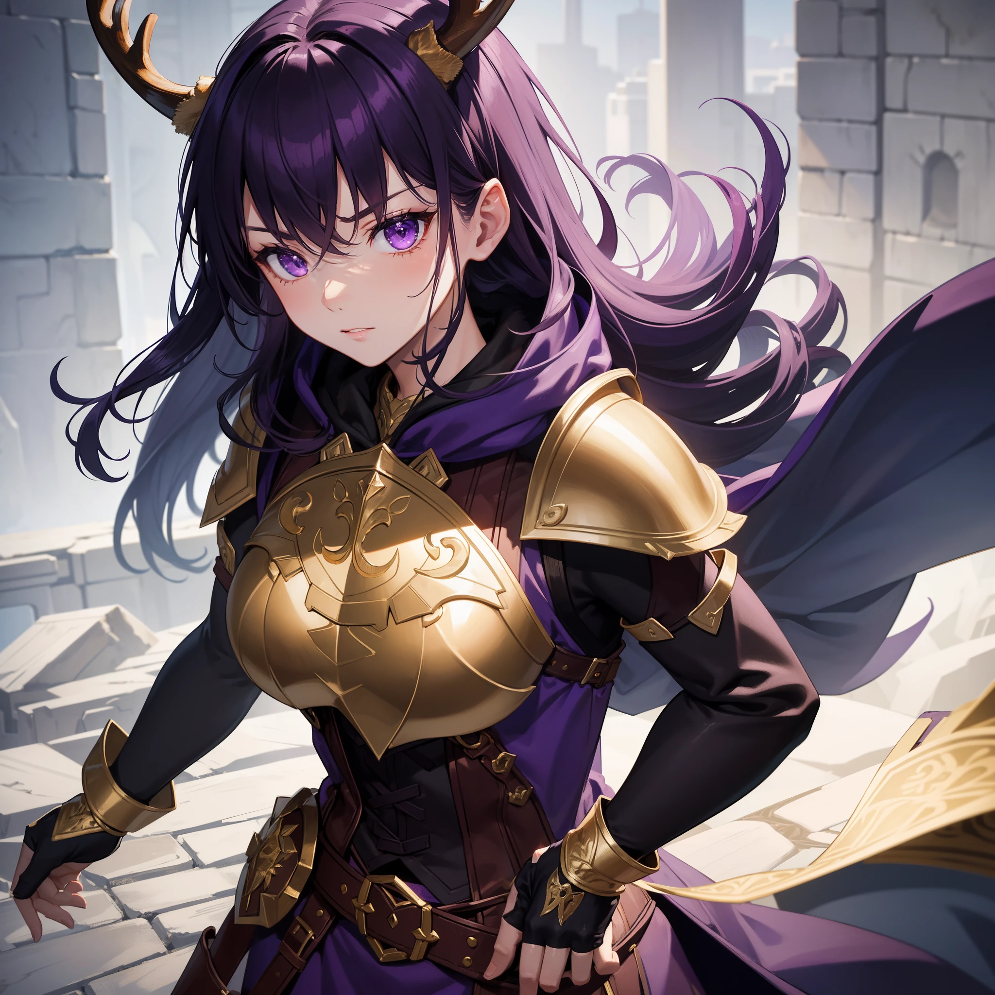 (Best quality), (masterpiece), (ultra detailed), ((1female)), solo, Satyr, ((deer antlers)), beautiful, medium breast, black fur, dark theme, purple hair, ((chestwear:(vest:purple))), (handwear:(fingerless_gloves))), bard, bold expression, fierce, determined gaze, satyr anthro, full body, beautiful, curvy, smooth skin, armored, wearing a breastplate, gold trimmed armor, wearing a cloak, dressed in robes, has a hood on, combat, ready to fight, holding_lute, has a lute, stringed instrument, academy