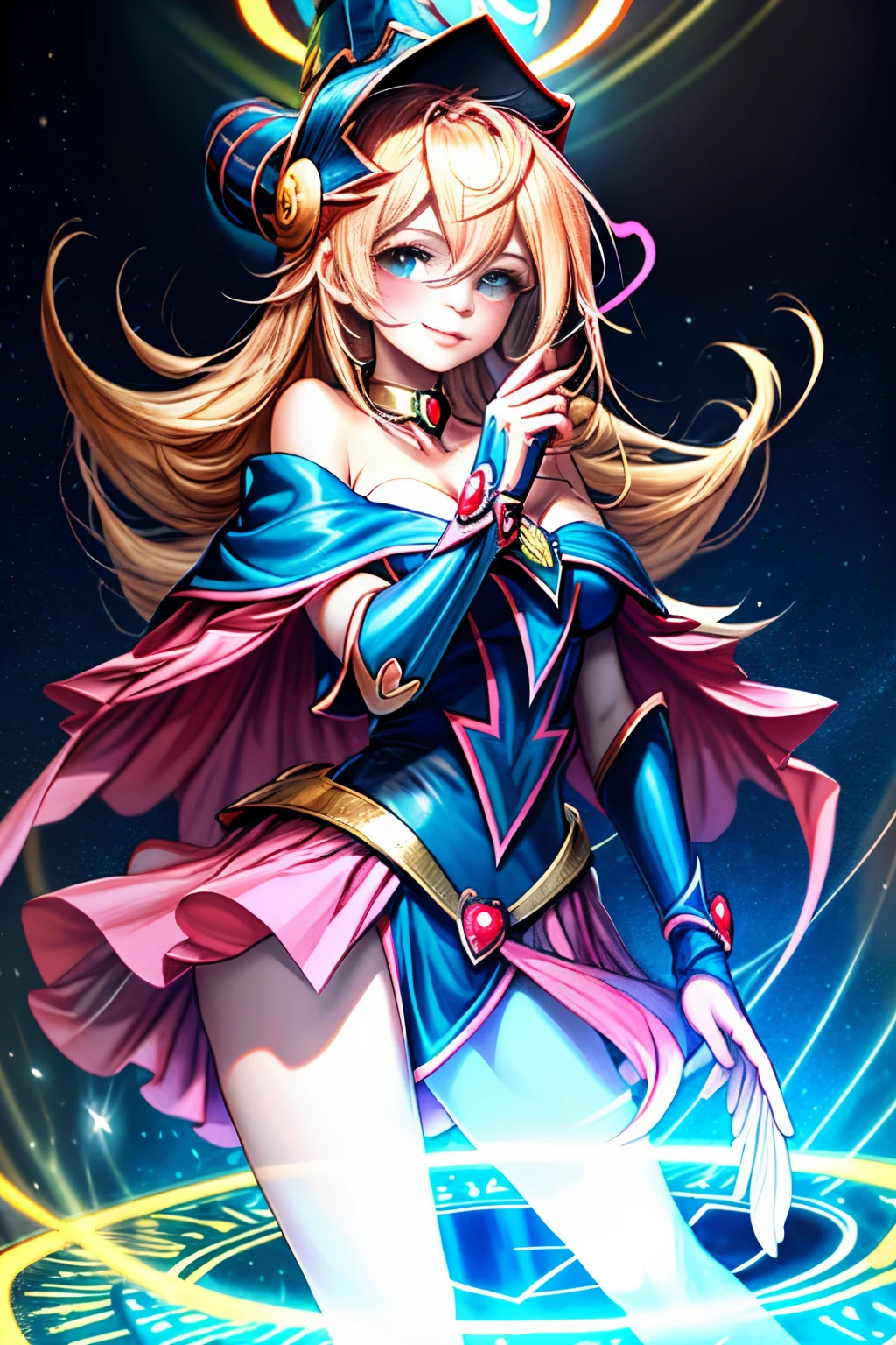 (tmasterpiece, Mejor calidad; 1.3), CG extremadamente detallado, Ultra - detallado, 1 chica Mago negro chica, solamente, smil, Mirando a Viewert, Cachorros elegantes, cabellos largos dorados, eOjos azules,
SV1, Uniforme de chica maga oscura, guantes en el codo, Casco, Los marineros lideran a Rubio, Cintas rojas, collar naranja, Guantes blancos, jewely, de lo anterior,
multiple hearts, Enfoque de cara, Venus, Tornado, Fondos abstractos, heart storm, Hart's Lightning, heart bubbles, heart balls, Estrella de Halt, heart flower, heart light, The world of the heart, heartbackground, Antecedentes de la galaxia, Heart weapons, The halo of the heart, Magia. Black magician girl is hot