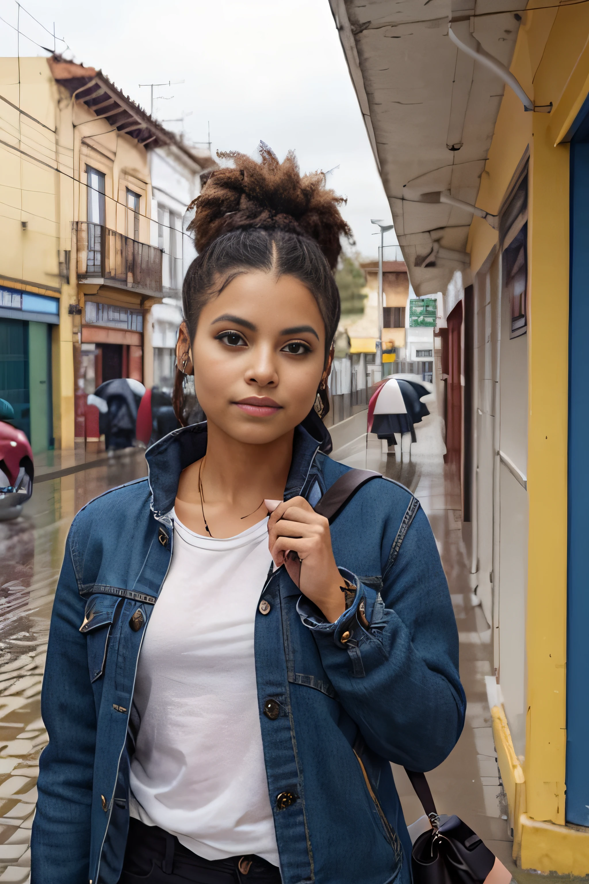 Photo of beautiful Caucasian woman, Zazie fotorrealista, Rastas, absurdos, (chaqueta larga de color rojo), con una sombrilla mirando a lo lejos.. en la ciudad de Bogota colombia ((de perfil,bajo lluvia)), manos perfectas