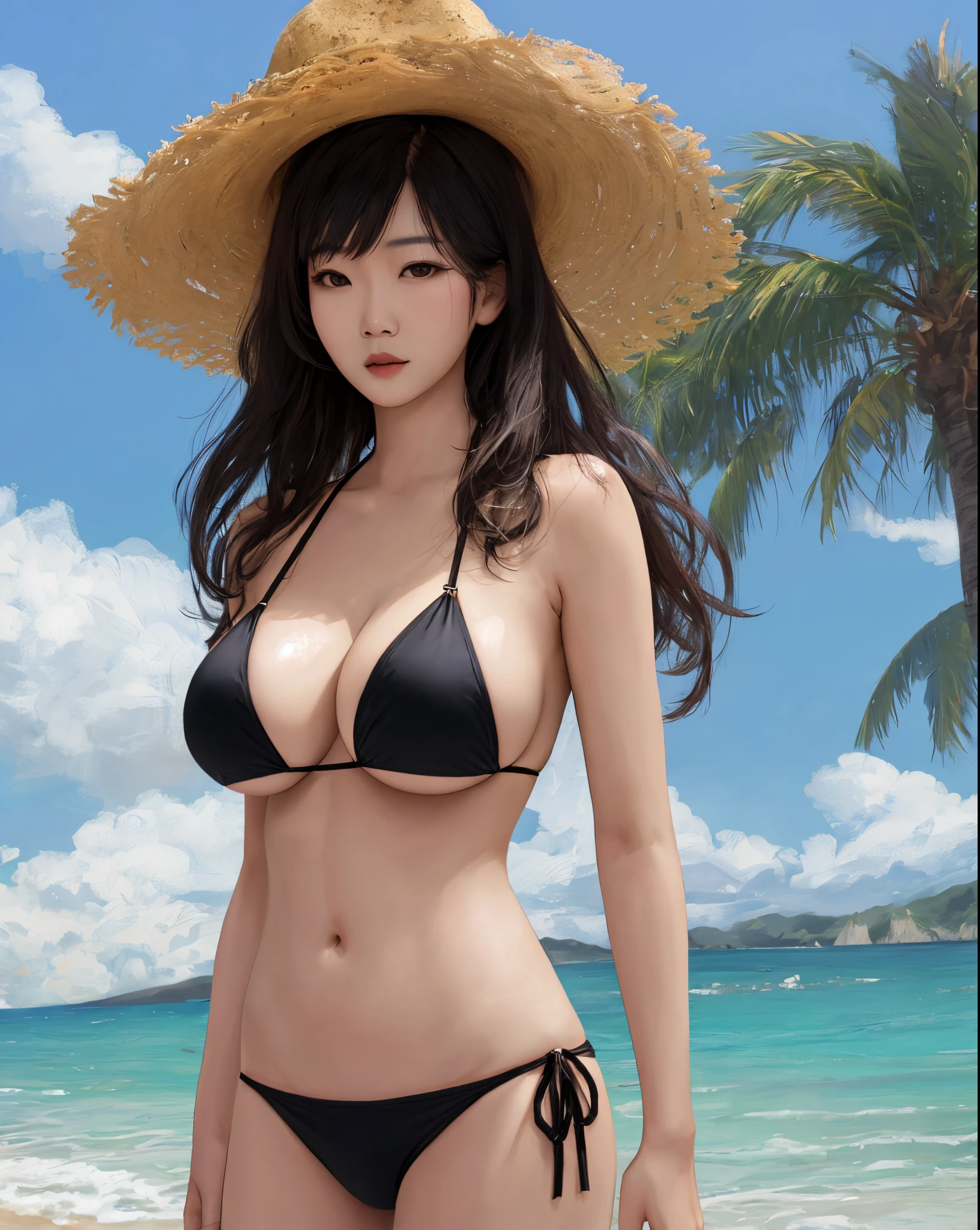 Asian beatiful woman, on the beach, black bikini, big boobs, curve body, realistic