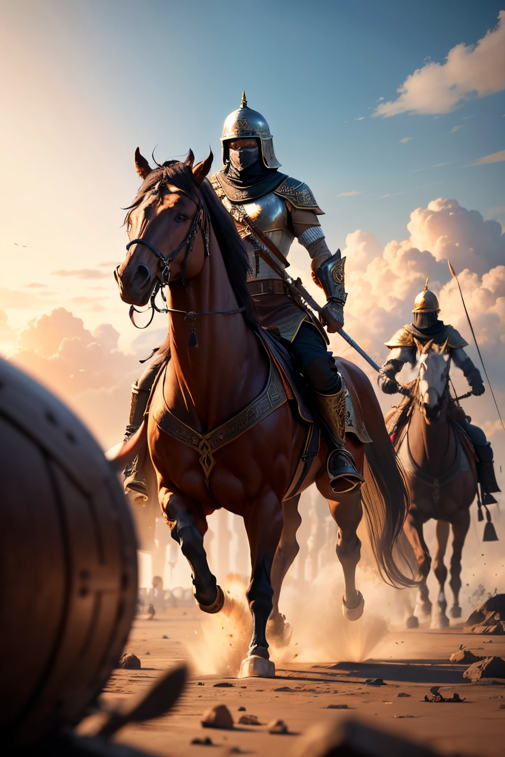 3 muslim warrior, war, crowd, wide angle, masterpiece, the best quality, (very detailed CG unified 8k wallpaper)