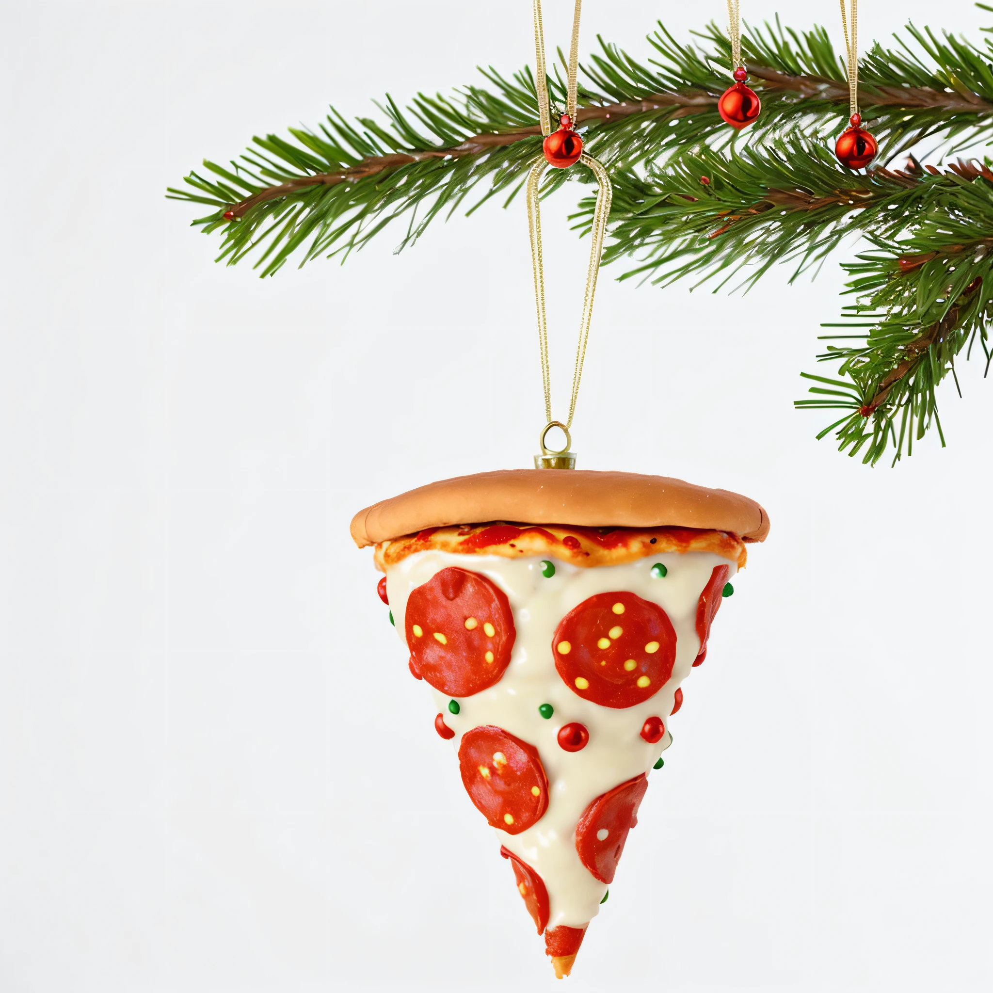 a closeup of a christmas ornament hanging on a tree, pastel de pizza, pizza!, pizza, Pizza Cosmos, queso y peperoni, peperoni, decoration, 🥥 🍕 Hibrido, Organic ornaments, La pizza tiene un cornicione grande, con gemas brillantes en la parte superior, presenting pizza, Recuentos de la vida, Pizza is everywhere, comer pizza, Universo de la pizza, queso dorado, plastico, glitter christmas ornament