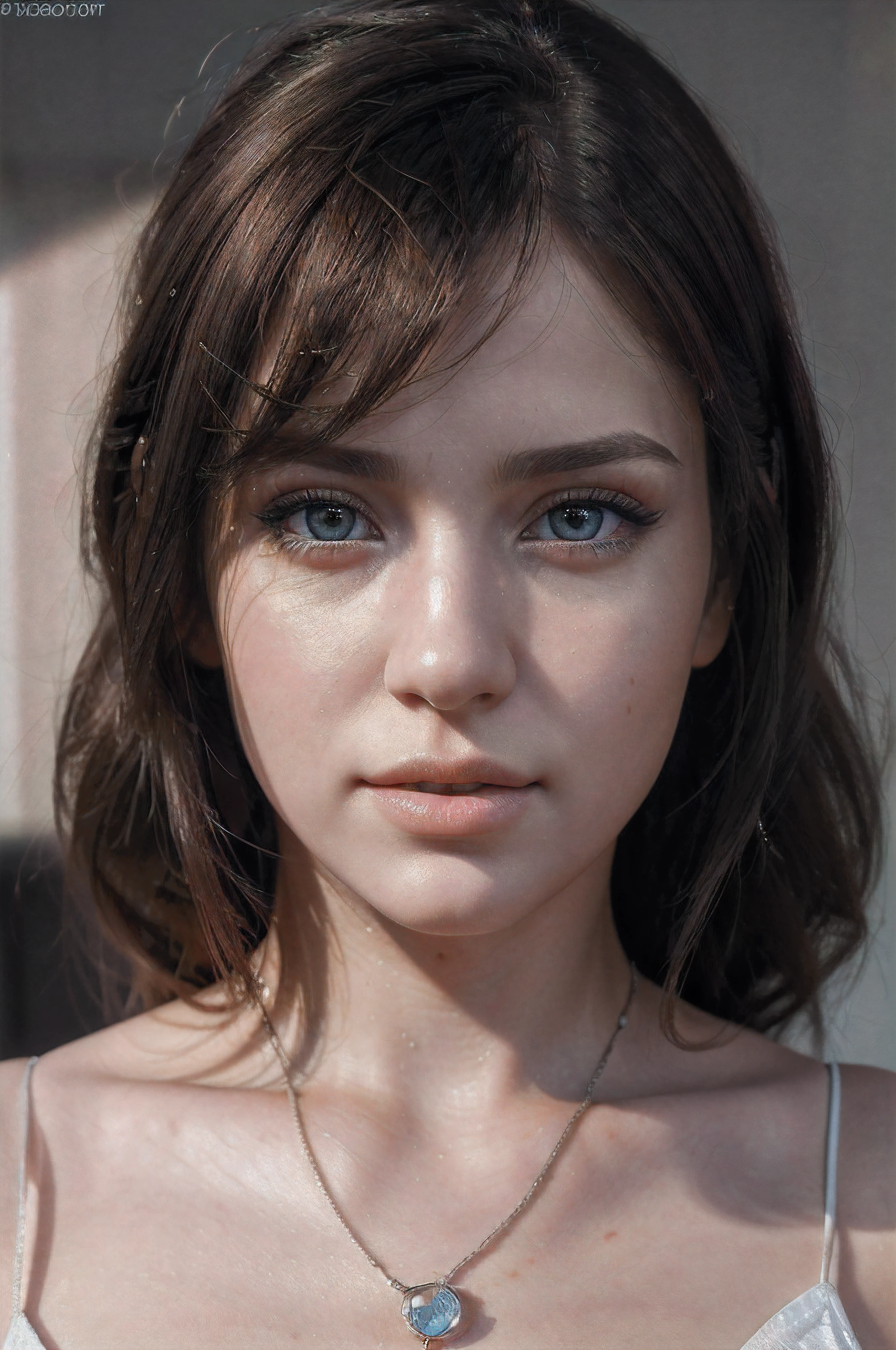 Girl 25 years brunette, close up, ,short hair with bangs,(detailed eyes),freckles on face,small mouth, fleshy lips, luminous skin, ultra realistic,with details on skin,wearing red cold bruse,night (8k raw photo) 2 perfect eyes