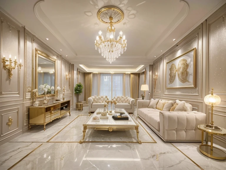 ,masterpiece, best quality,8k, ultra highres,Step into this distinguished living room,Luxurious ornaments are embellished like sparkling gemstones。The cold touch of the marble floor,Furniture with soft suede,It gives a feeling of both nobility and warmth。Gold chandeliers hang high on the ceiling,Like a brilliant sun,It shines brightly throughout the space。Soft lighting is scattered on the sofa,Keep you in a comfortable environment,Feel the warm and romantic atmosphere,It's a magical experience like being in a fairytale world。