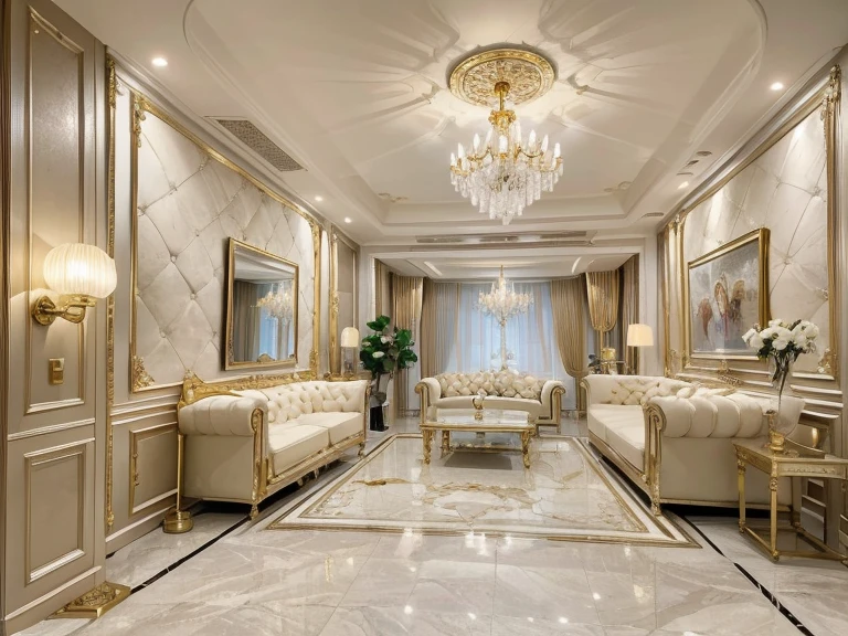 ,masterpiece, best quality,8k, ultra highres,Step into this distinguished living room,Luxurious ornaments are embellished like sparkling gemstones。The cold touch of the marble floor,Furniture with soft suede,It gives a feeling of both nobility and warmth。Gold chandeliers hang high on the ceiling,Like a brilliant sun,It shines brightly throughout the space。Soft lighting is scattered on the sofa,Keep you in a comfortable environment,Feel the warm and romantic atmosphere,It's a magical experience like being in a fairytale world。