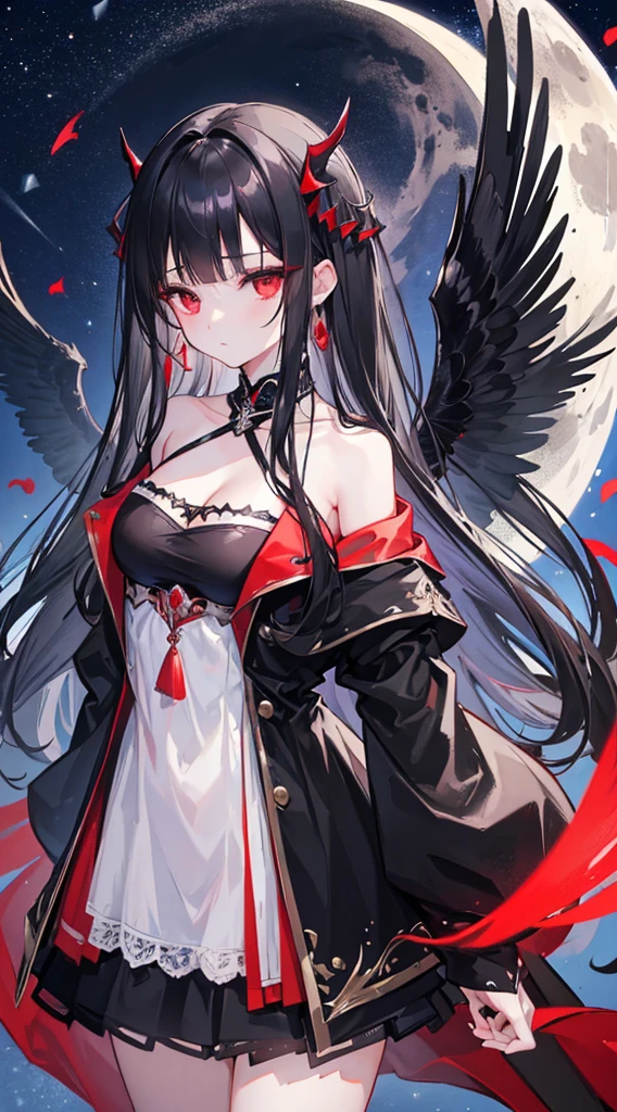(8k、Top image quality、top-quality、masterpiece)、A detailed face、1 girl in、Black hair long hair、blunt bangs、Red eyes、expressionless、Wings on the head、Black dress、cleavage、a miniskirt、Black wings、cowboy shot、POV、Moonlit Night Background