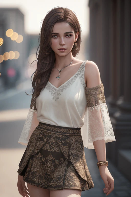 fashion photography portrait of young european girl with brown hair, mini-skirt, 3d render, cgi, symetrical, octane render, 35mm, bokeh, (intricate details:1.12), hdr, (intricate details, hyperdetailed:1.15), (natural skin texture, hyperrealism, soft light, sharp:1.2), detailed