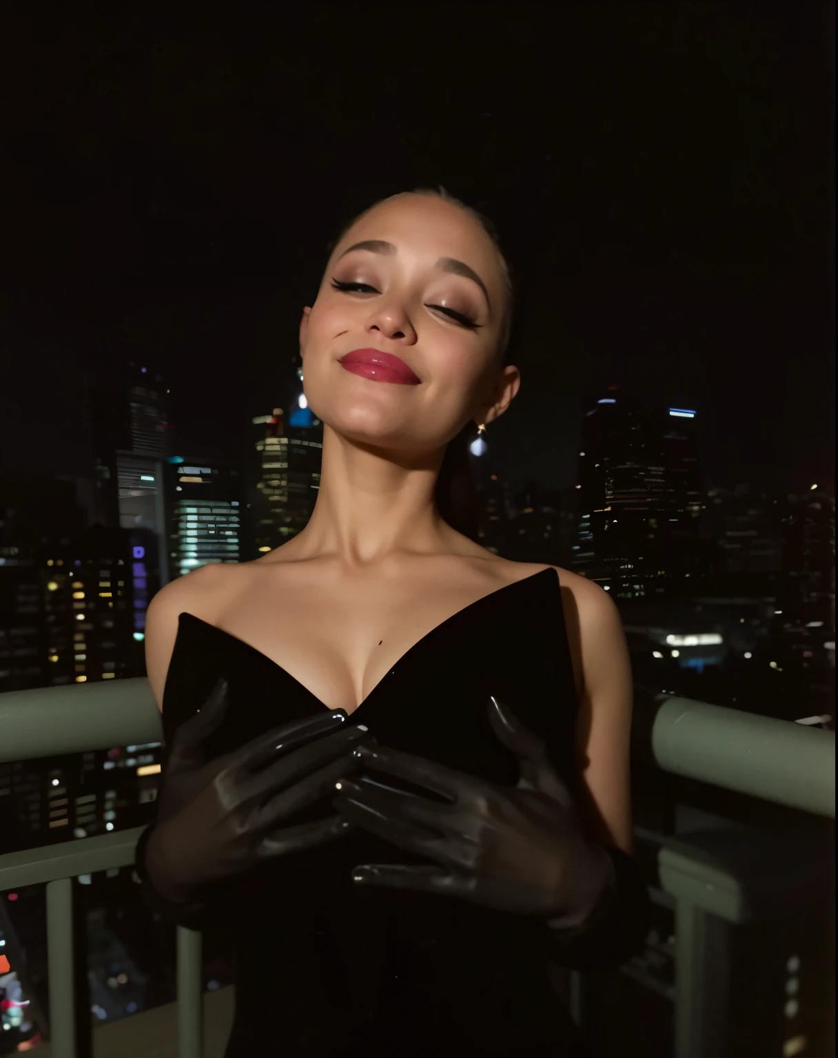 @arianagrande de vestido azul com batom vermelho e luvas na varanda, imagem de perfil, foto de perfil, animatronic angelina jolie, Noite!, com um sorriso elegante, taken in the early 2020s, Belas vistas, em uma varanda, sitting on a skyscraper rooftop, Multiple views, em um telhado, em um telhado, on rooftop tokyo night