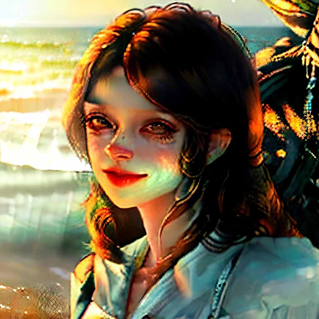 Realistic girl, smile, black straight hair, on the beach, brown eyes, tan skin, skinny