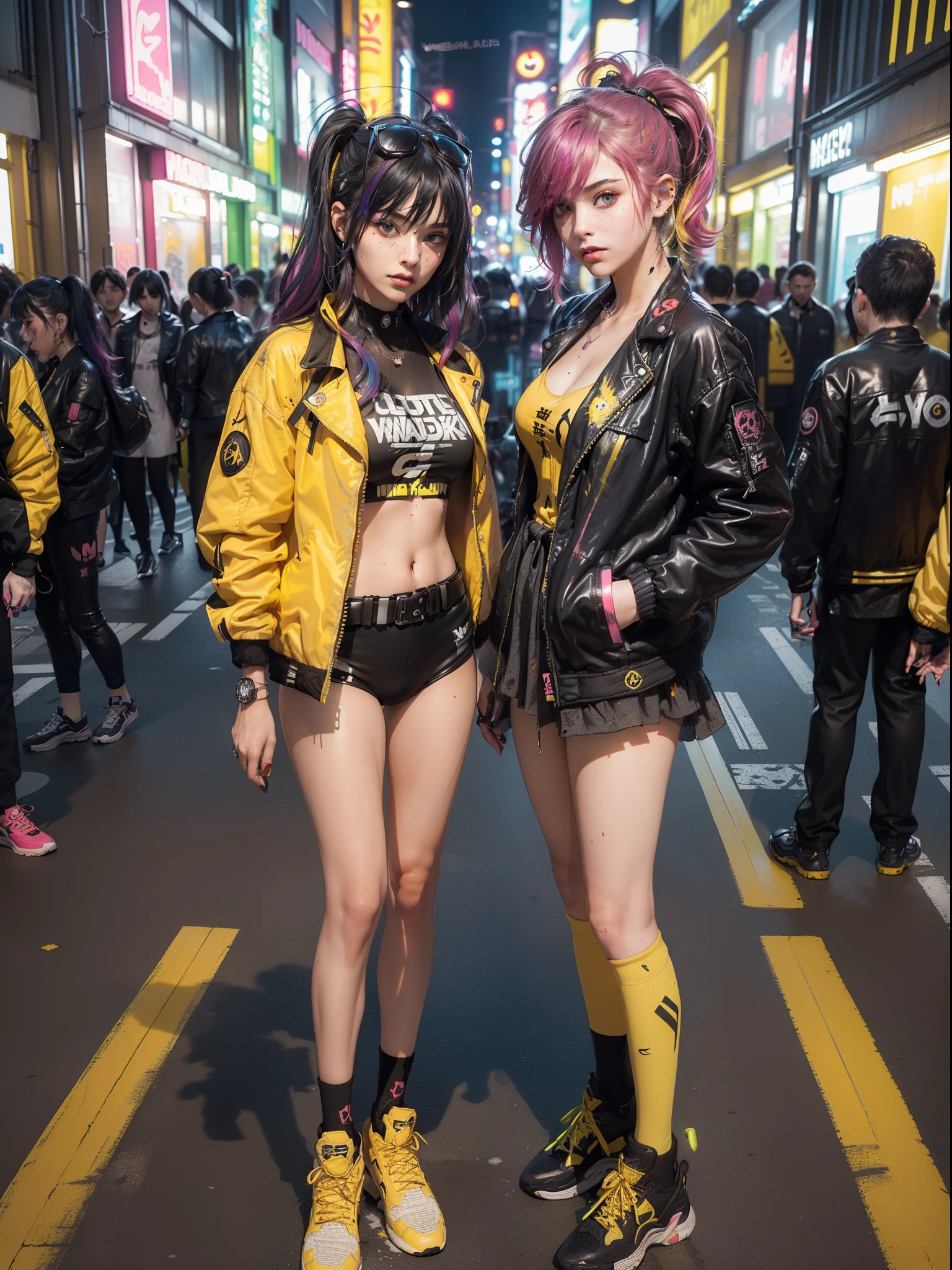 (2 cyberpunk girls posing for photo), solo, waist up, from above, (((colorful dyed hairstyle, cyberpunk clothing, standing in front of motorcycle, neon cyberpunk city street, (yellow and black Harajuku tech jacket with logos m:1.2)))), official art, unity 8k wallpaper, ultra detailed, aesthetic, masterpiece, best quality, photorealistic