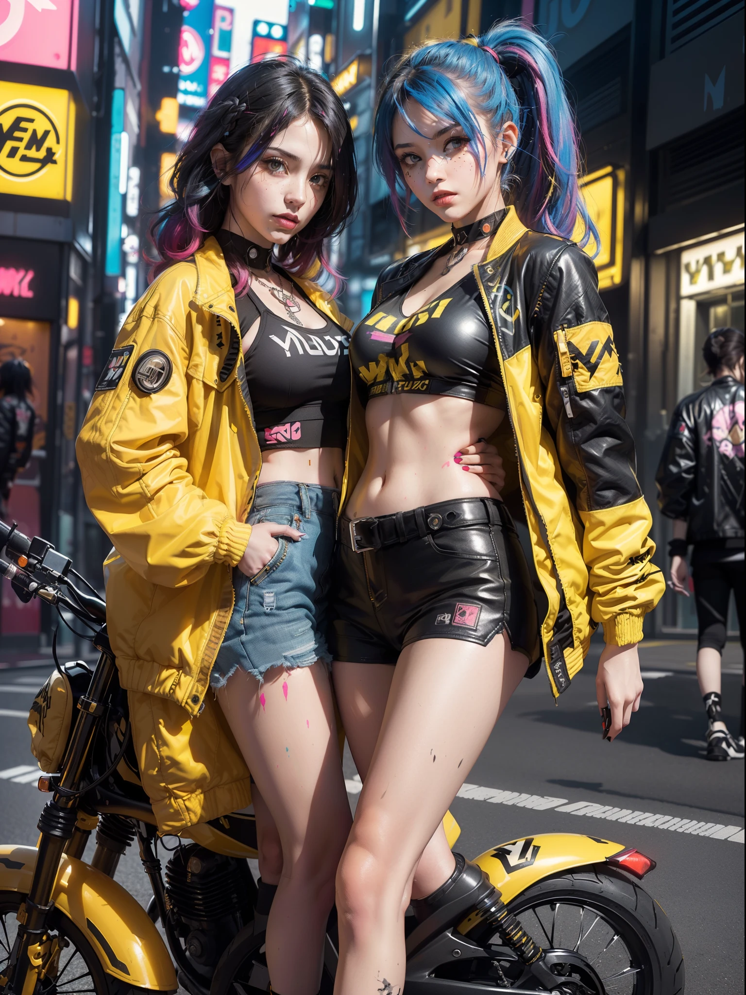 (2 cyberpunk girls posing for photo), solo, waist up, from above, (((colorful dyed hairstyle, cyberpunk clothing, standing in front of motorcycle, neon cyberpunk city street, (yellow and black Harajuku tech jacket with logos m:1.2)))), official art, unity 8k wallpaper, ultra detailed, aesthetic, masterpiece, best quality, photorealistic