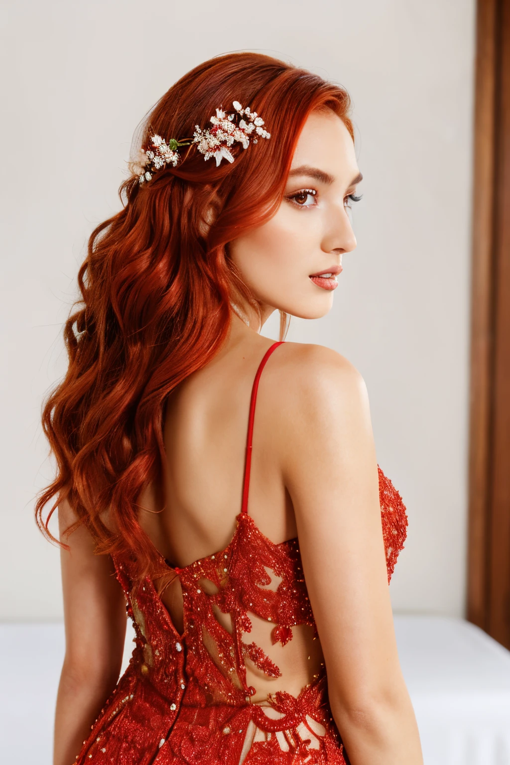 Best Quality, photorealestic, Ultra-detailed, finely detail, hight resolution, 8k wall paper, Professional, (Attractive 20 year old woman ), Elegant and stylish red hair in wedding hairstyle with flowers and pearls, party red dress, girl staing back ), natural lighting, On White Background