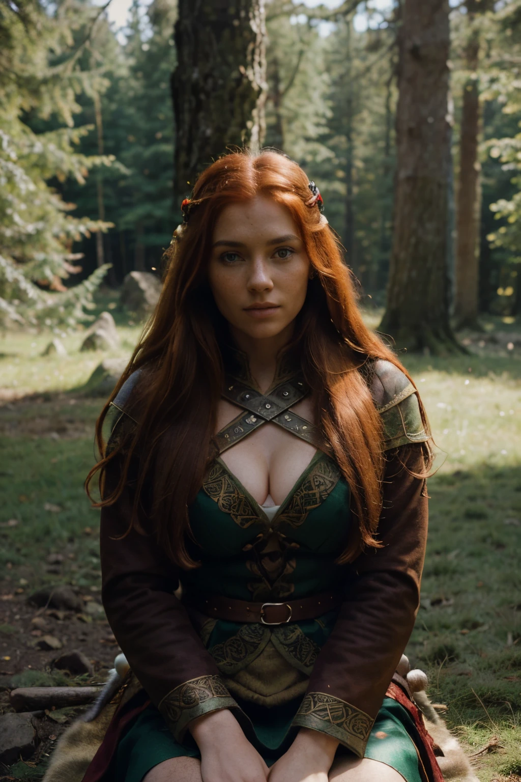 Woman in a medieval celtic warrior dress, (Celtic cosplay) , (ancient celts style:1.2), ((winter forest:1.4)), ((snow)) celtic european beauty, (open shirt: 0.8), Long and red hair,  red hair, bow and arrows, full body shot, winter jacket, ginger, freckles, smooth skin, white skin, , (perfect body),(detailed face),(realistic face) , (sexy pose:1.2), portrait, Looking at camera, (Highest quality), sony A7sIII, film stock,  photograph , kodak 400 camera f1.6 lens, cinestill 800, (Lente de 28 mm), third rule, rich colors , lifelike, texture, natural lighting, ((wide shot))