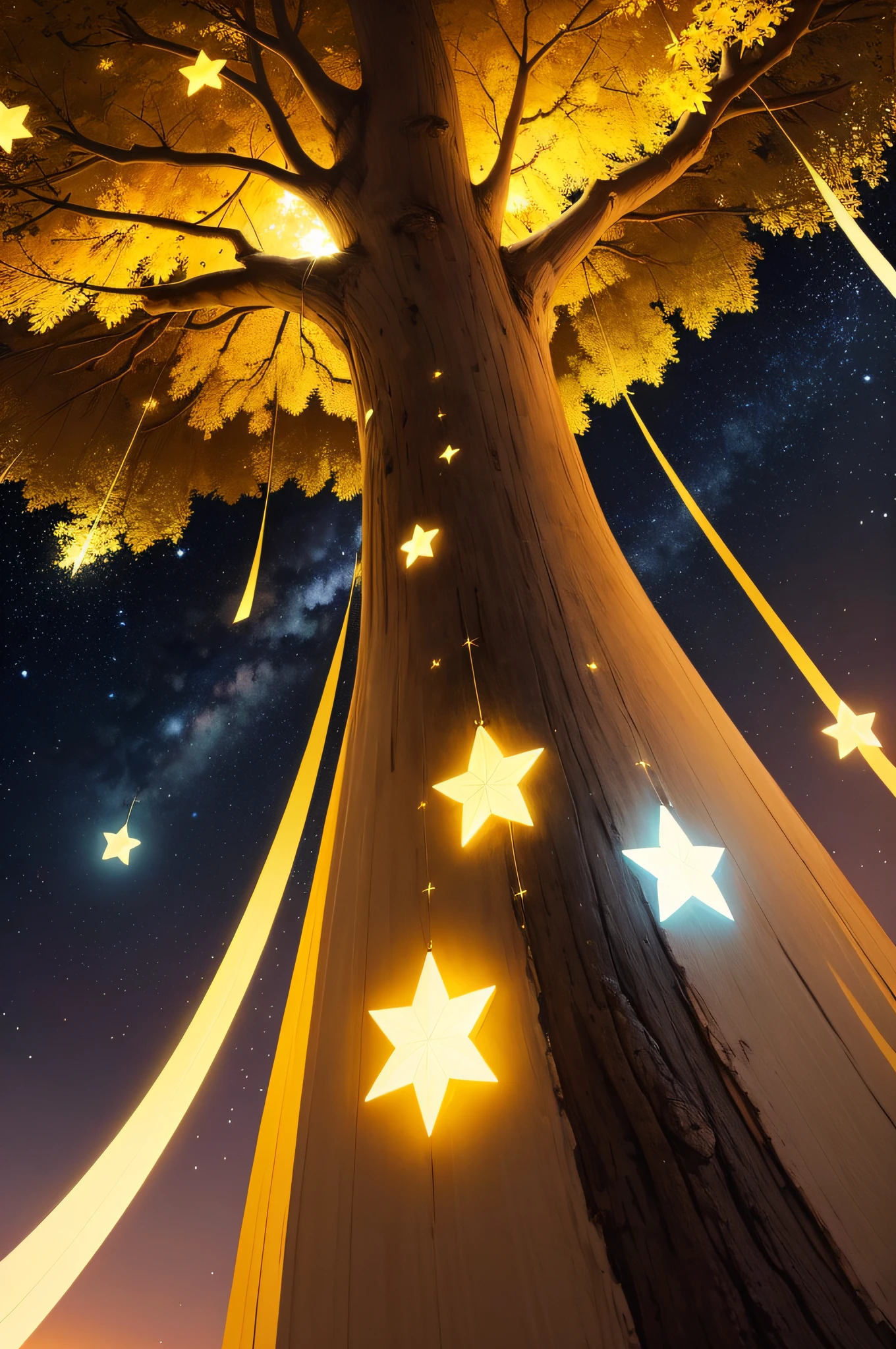 les deux mains autour d'a secular tree, luminaire jaune spirituel, stars.