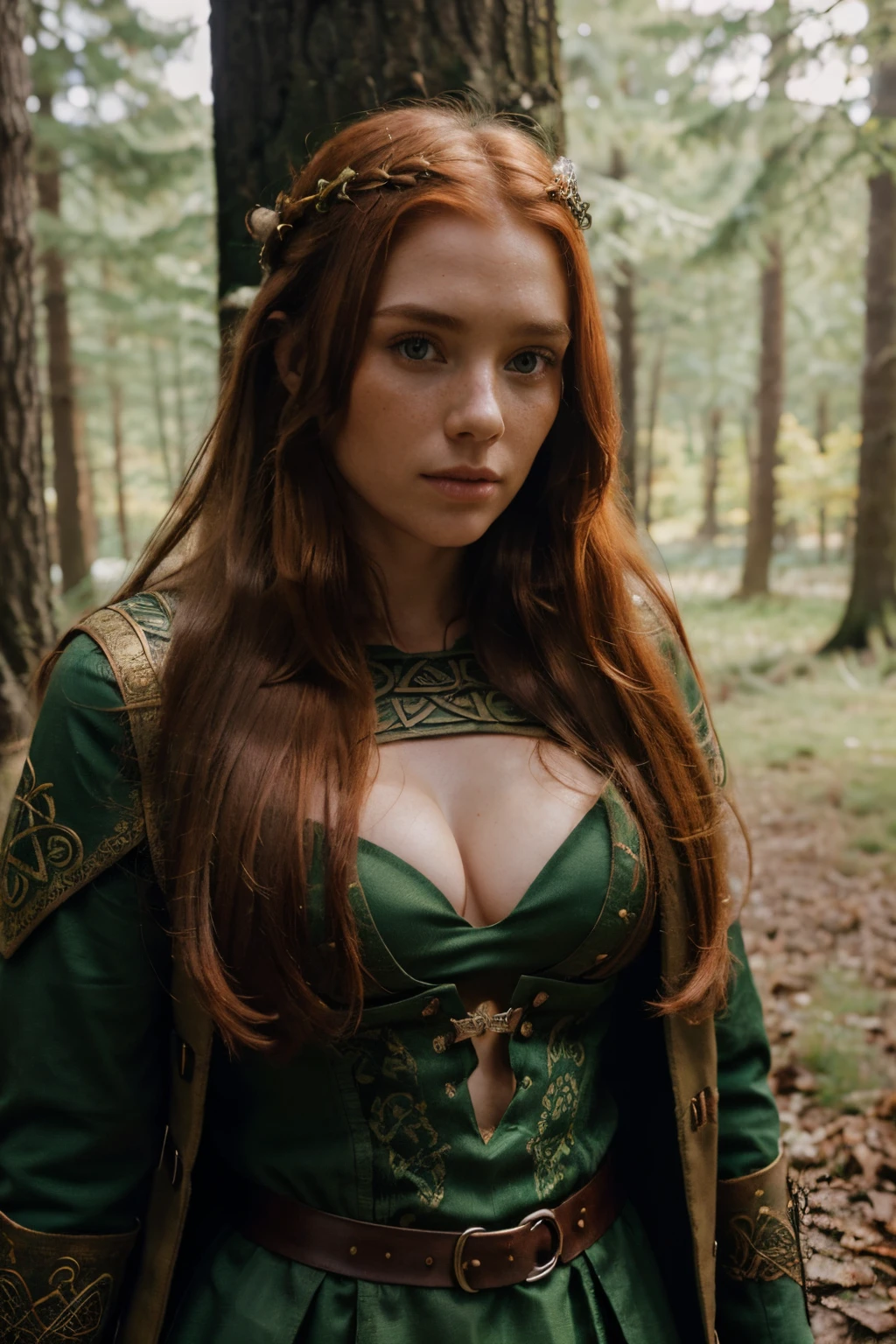 Woman in a medieval celtic warrior dress, (Celtic cosplay) , (ancient celts style:1.2), winter forest, celtic european beauty, Long and red hair, red hair, bow and arrows, full body shot, winter jacket, ginger, freckles, smooth skin, white skin, , (perfect body),(detailed face),(realistic face) , (expressive face:1), (sexy pose:1.2), portrait, Looking at camera, (Highest quality), sony A7sIII, film stock, photograph , kodak 400 camera f1.6 lens, cinestill 800, (Lente de 28 mm), third rule, rich colors , lifelike, texture, natural lighting, ((wide shot))