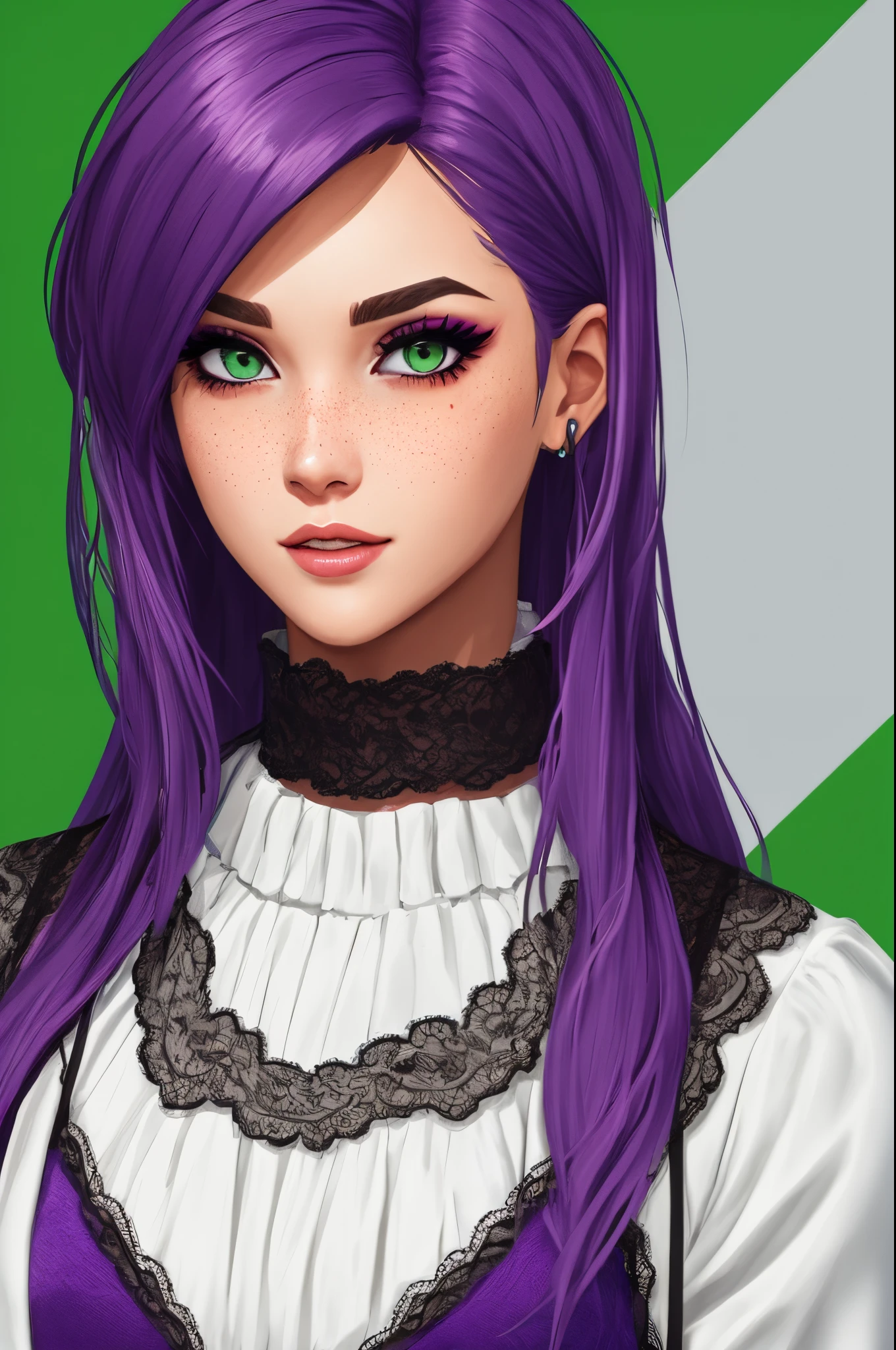 purple hair with bangs freckles green large eyes dark makeup short dimple on the chin fortnite girl