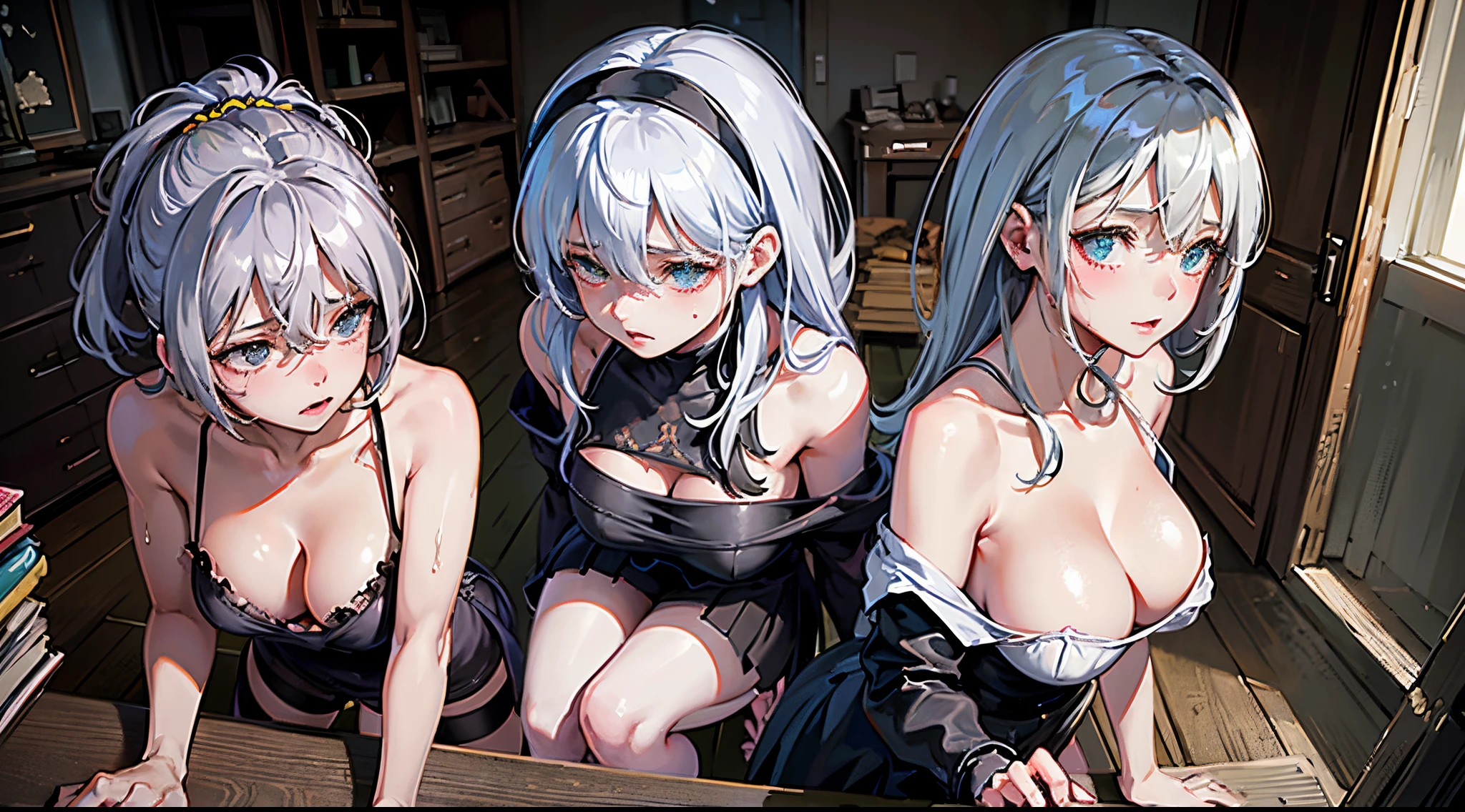 1girl, (8K, RAW photos, best image quality, masterpieces, : 1.2), (realistic, photorealistic: 1.37), 20-year-old ((Yorha2b, grey hair)) with a sad face of homeless, sad expression of despair, depressed, on all fours, poor, dirty room littered with garbage, torn and dirty tattered, dirty clothes, exposed plain clothes, torn fabric, collarbone, no bra, cotton panties, panties on the legs, Torn micropants, dirty hair, dirty face, dirty skin, wet skin, muddy skin, muddy feet, bare feet, small tit's, cleavage, unkempt hair, sweat, sweat drops, tan, close-up, from below, old kitchen, tile fragments, dark ruins, messy rooms, broken dolls, trash cans, top quality, cinematic lighting, Complex and cinematic look, messy room, photorealistic, cowboy shot, dynamic angle, perfect hands, perfect fingers, perfect tit’s, perfect fit, perfect body, perfect face, Ultra-Realistic. Ultra-Detailed. Ultra-Sharp Hi-Res. 8K. Photography. Centered. On Frame.