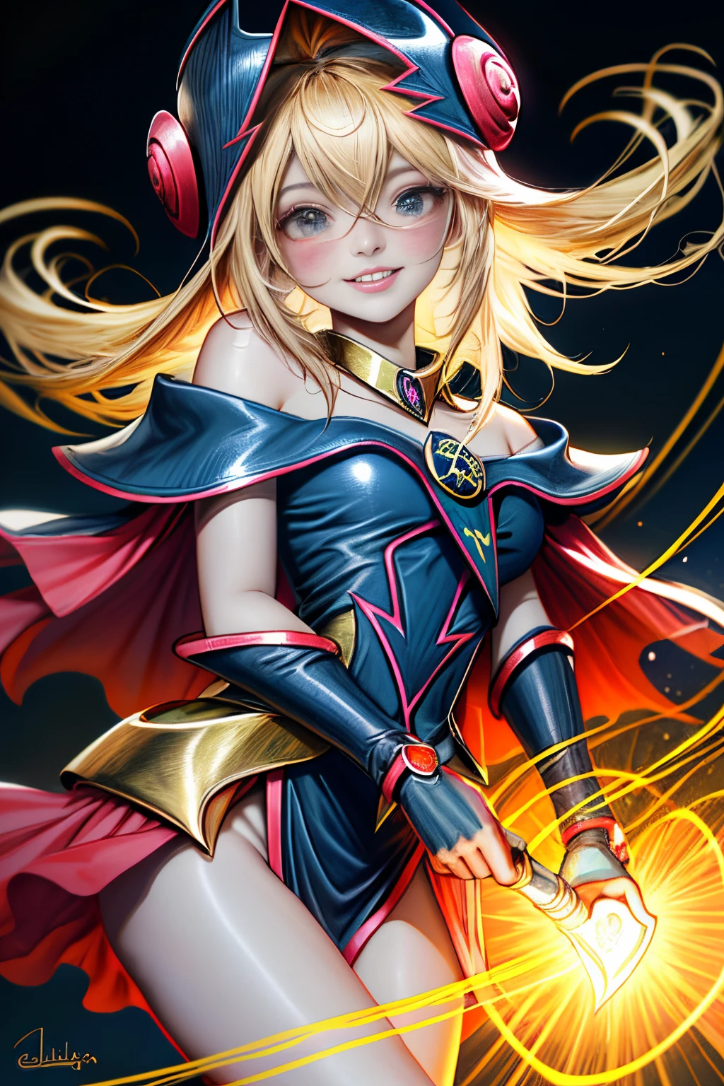 (tmasterpiece, Mejor calidad; 1.3), CG extremadamente detallado, Ultra - detallado, 1 chica Mago negro chica, solamente, smil, Mirando a Viewert, Cachorros elegantes, cabellos largos dorados, eOjos azules,
SV1, Uniforme de chica maga oscura, guantes en el codo, Casco, Los marineros lideran a Rubio, Cintas rojas, collar naranja, Guantes blancos, jewely, de lo anterior,
multiple hearts, Enfoque de cara, Venus, Tornado, Fondos abstractos, heart storm, Hart's Lightning, heart bubbles, heart balls, Estrella de Halt, heart flower, heart light, The world of the heart, heartbackground, Antecedentes de la galaxia, Heart weapons, The halo of the heart, Magia. Black magician girl is hot