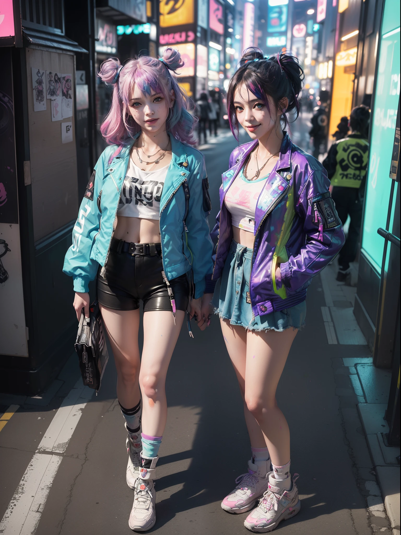 ((cyberpunk Korean girls wearing colorful Harajuku style pop outfit)), naked, ((fisheye lens)), cowboy shot, wind, cyberpunk cityscape, (aesthetics and atmosphere:1.2), smiling, ((cinematic lighting))