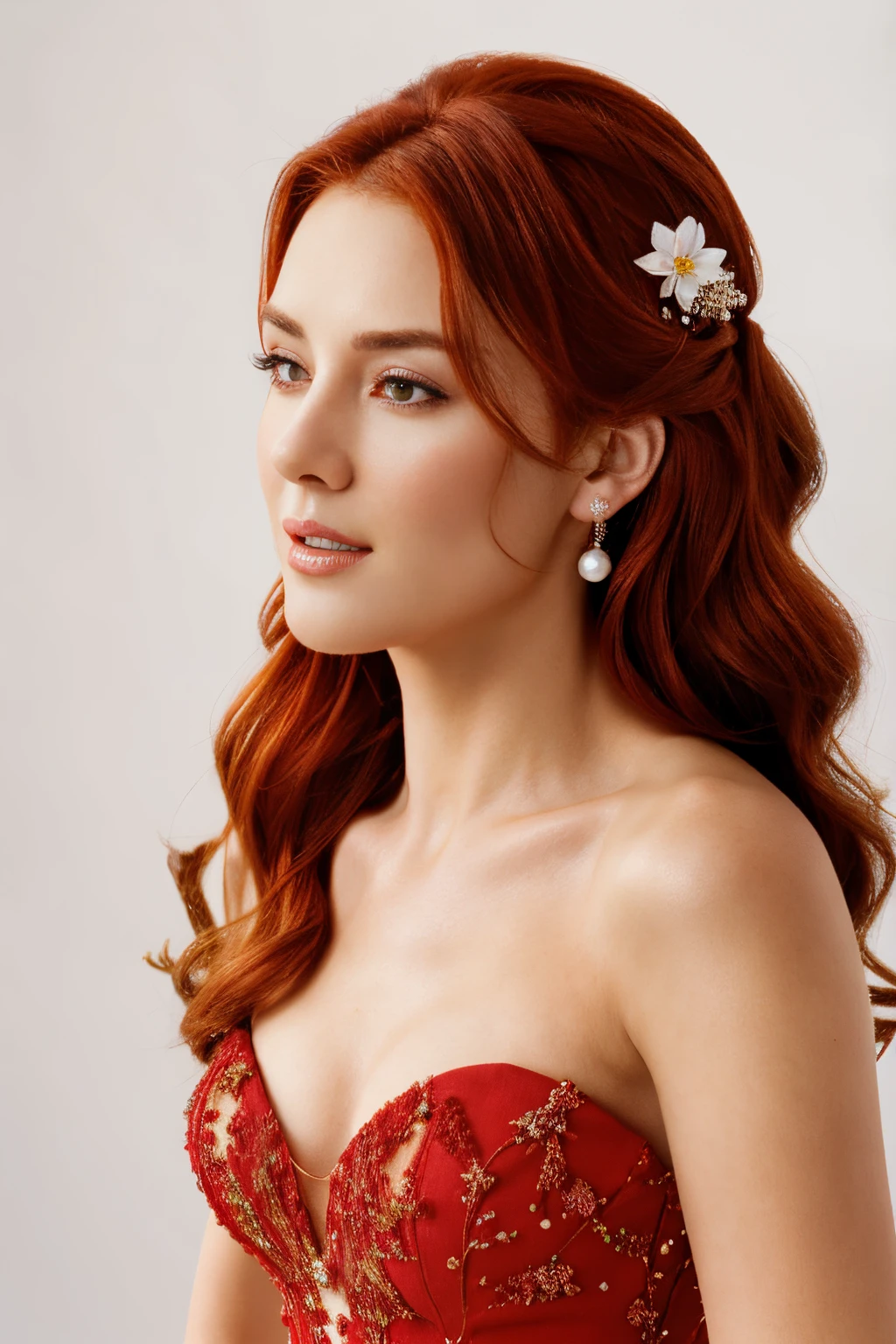 Best Quality, photorealestic, Ultra-detailed, finely detail, hight resolution, 8k wall paper, Professional, (Attractive 20 year old woman ), Elegant and stylish red hair in wedding hairstyle with flowers and pearls, party red dress, girl staing back ), natural lighting, On White Background