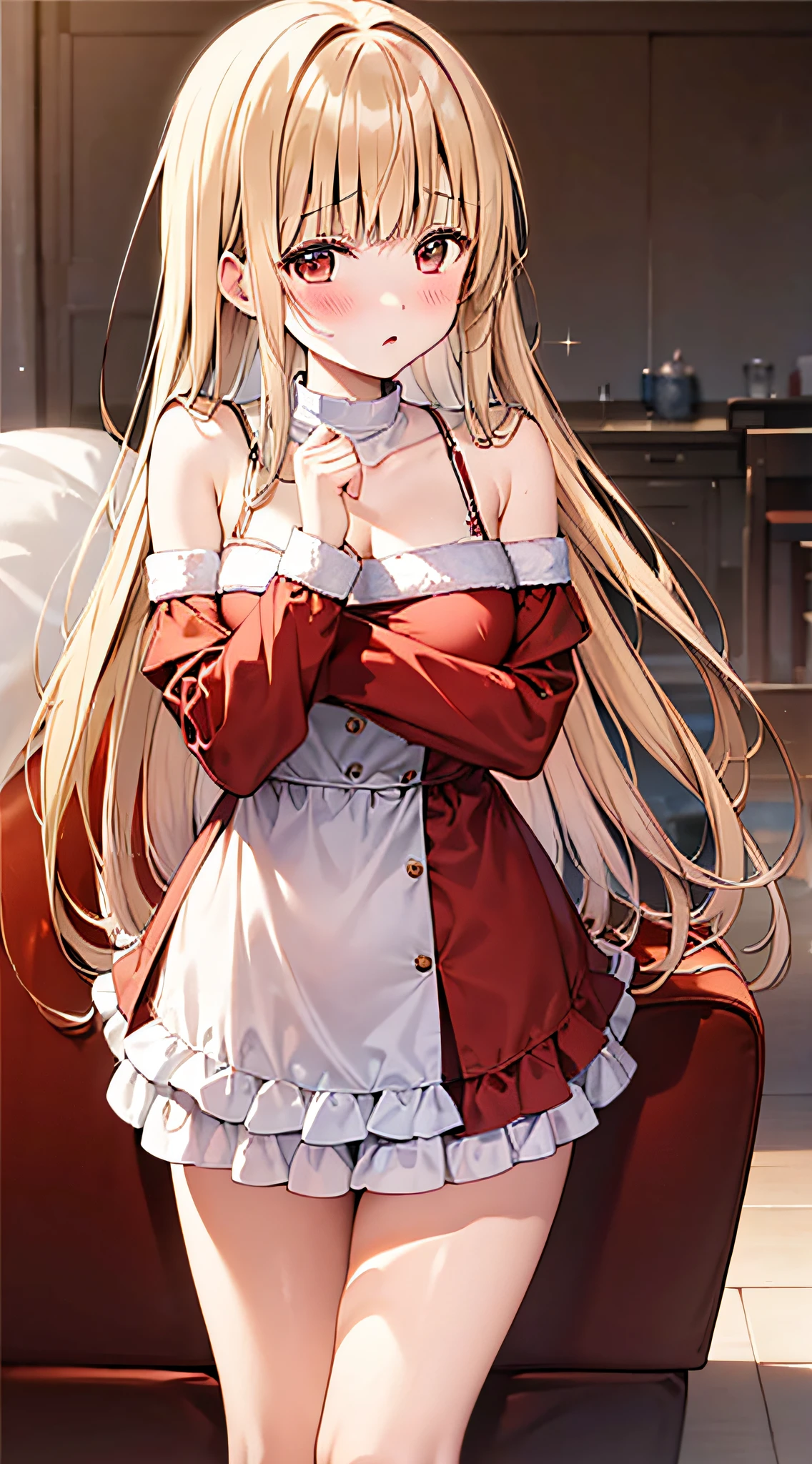 1girl, masterpiece, best quality, highly detailed, illustration, warg \(rance\), indoors, sitting, dress, red eyes, orange scarf, embarrassed, topless, bottomless, ((torn clothes)), ((off-shoulder brest)), sweet, little curvy, pussy line