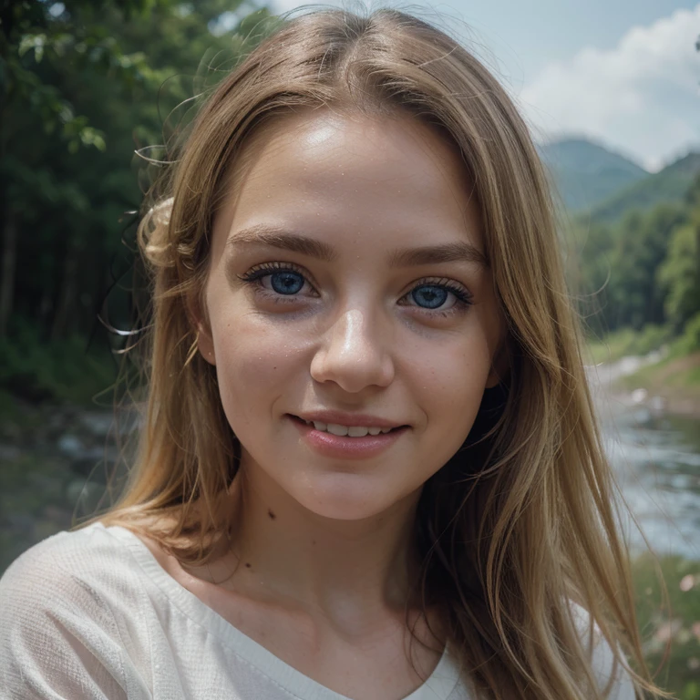 (realistic, photo-realistic:1.37),(8k, RAW photo, best quality, masterpiece:1.2), cute, ultra-detailed,heart-shaped pupils, physically-based rendering, ultra high res, kodakvision color, shot on Arricam LT Camera, bokeh, sharp focus, looking at viewer, photorealistic,realistic, solo, photorealistic, best quality,extremely detailed face,extremely detailed eyes and face, (blond girl,) clear eyes, beautiful detailed eyes,absurdres, incredibly absurdres,haunting smile,Messy hair, floating hair, round blue big eyes, clear big eyes, moist red lips, sweet, blue sky and white clouds, sunshine, Photorealistic, Best Quality, Hyper Detailed, Upper body, wearing pullover, Outdoors, (Night), mountainscape, The nature of real life, Stars, Moon, (Outstanding smile、Cheerful, Happy), flash lights, forest, boulders, River, Wood, Smoke, Fog, crystal clear skies, analog style,Skin Texture,