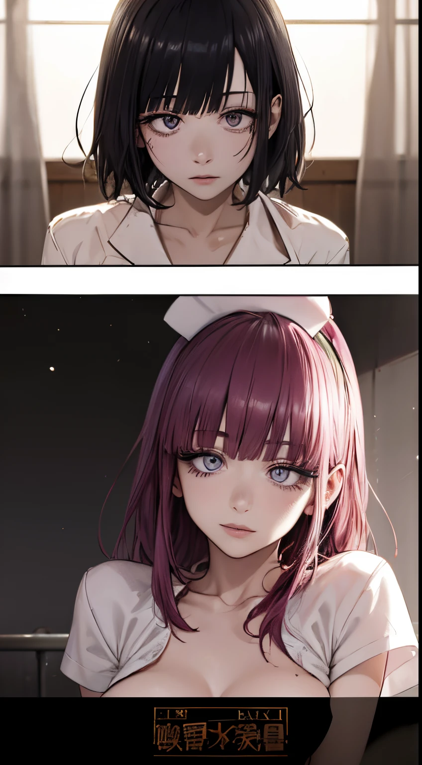 (Cinematic Digital Artwork: 1.3), High quality, masutepiece, of the highest quality, Super Detail, Illustration, [4K Digital Art]、 lndswgnr, (Sharp Focus: 1.5), (Moody lighting:1.2), depth of fields, Bokeh, 4K 、High resolution, ultra-detailliert, the Extremely Detailed CG Unity 8K Wallpapers, Realistic, Photorealsitic, Raw photo, beautifull detailed face, pale skin, realistic glistening skin, Detailed Cloth Texture, detailed hair texture, Perfect body, Beautiful face, acurate, Anatomically correct, Highly detailed face, Eye and skin texture, Natural neck length, (Beautiful eyes), (Beautiful hands), (Glossy skin:1.2), thin legs, Thin feet, Detailed people、A detailed face、细致背景、 


Dramatic makeup、makeup、Pinky Pink Lip Stick、eye make up、mascara、eye liner、eye shadow、Light purple color control
、Late night hospital room with curtains closed、Lights out time、Sexy Nurse、Grinning、Colossal tits、beautiful mature lady、 sneak into bed、POV