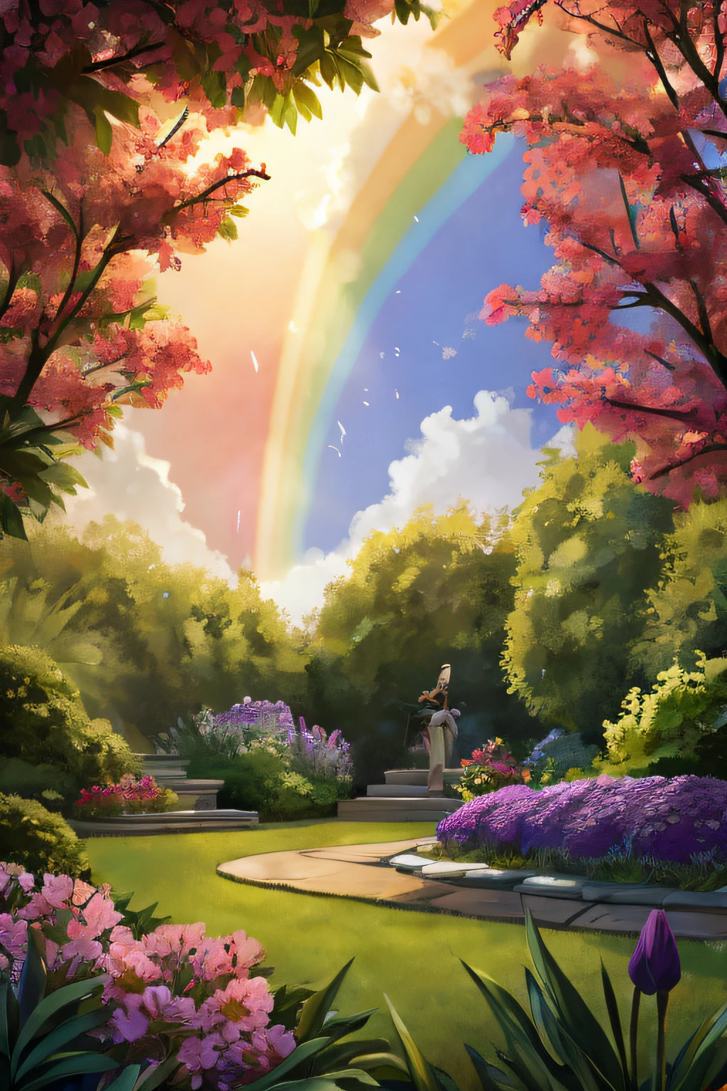 a garden and a rainbow