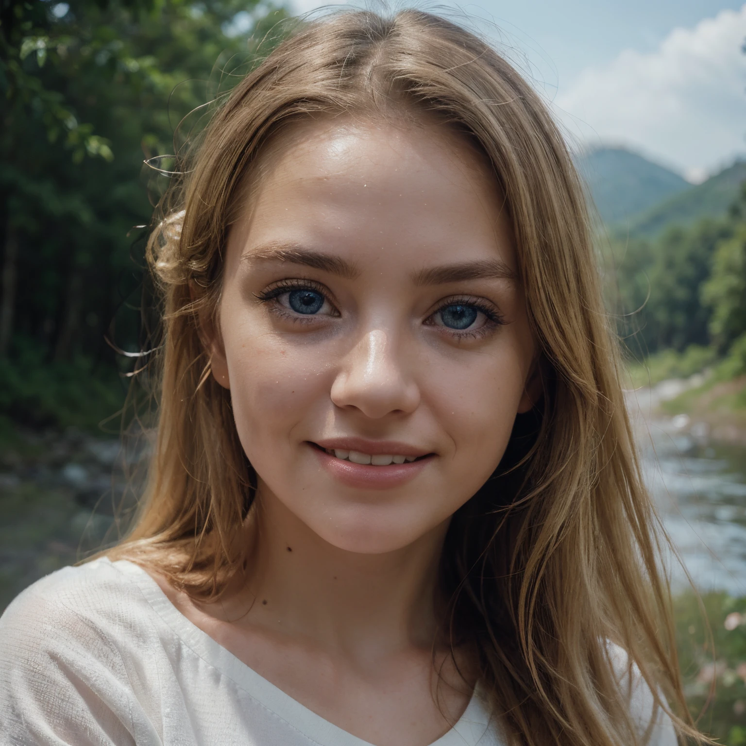 (realistic, photo-realistic:1.37),(8k, RAW photo, best quality, masterpiece:1.2), cute, ultra-detailed,heart-shaped pupils, physically-based rendering, ultra high res, kodakvision color, shot on Arricam LT Camera, bokeh, sharp focus, looking at viewer, photorealistic,realistic, solo, photorealistic, best quality,extremely detailed face,extremely detailed eyes and face, (blond girl,) clear eyes, beautiful detailed eyes,absurdres, incredibly absurdres,haunting smile,Messy hair, floating hair, round blue big eyes, clear big eyes, moist red lips, sweet, blue sky and white clouds, sunshine, Photorealistic, Best Quality, Hyper Detailed, Upper body, wearing pullover, Outdoors, (Night), mountainscape, The nature of real life, Stars, Moon, (Outstanding smile、Cheerful, Happy), flash lights, forest, boulders, River, Wood, Smoke, Fog, crystal clear skies, analog style,Skin Texture,