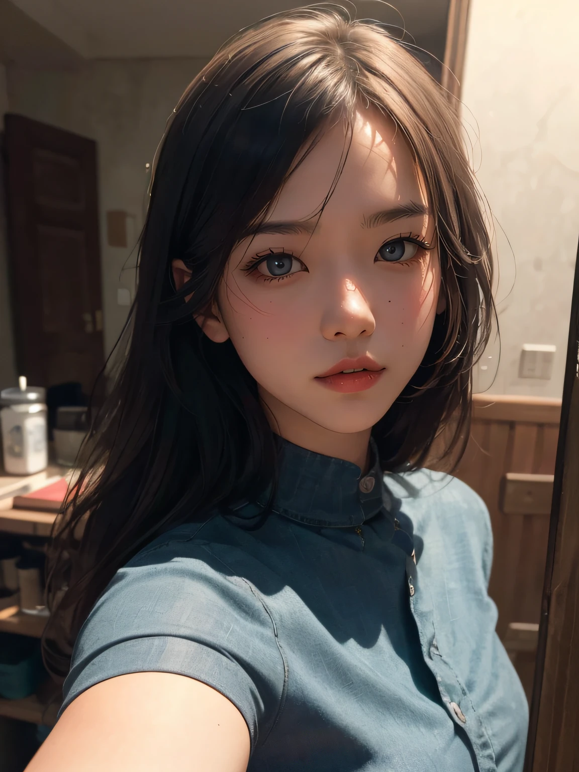8K, Best Quality, Masterpiece, extra high resolution, (Realism: 1.4), Original Photo, (realistic skin texture: 1.3), (Film grain: 1.3), (Selfie Angle), 1 girl, Beautiful eyes and facial details, Masterpiece, Best Quality, a closeup of a, upper-body, looking at the viewer