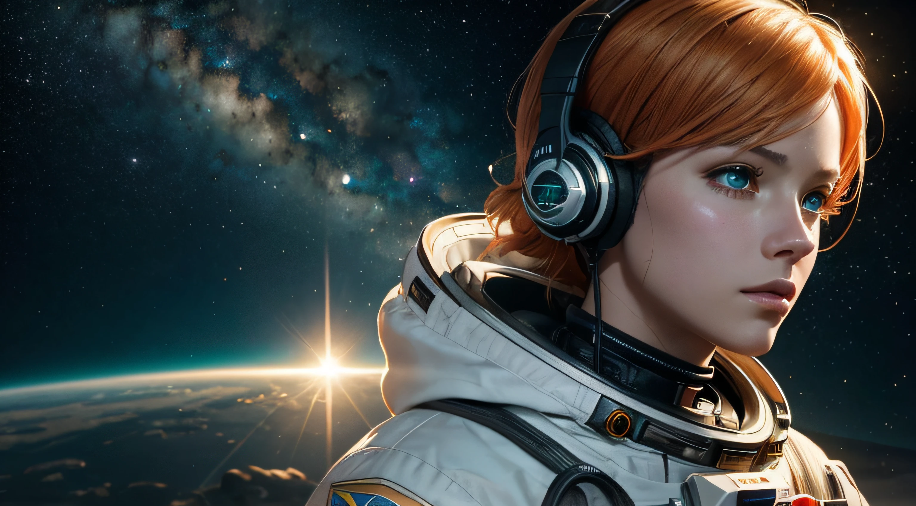 {{masterpiece}}, best quality, extremely detailed CG unity 8k wallpaper, anime style, cinematic lighting, lens flare, dust, colorful light, particles, heterochromia, (colorful:1.5),beautiful astronaut girl with white tech suit clothes,orange hair, green eyes, listening music with headphones, Abstract retro sci-fi background,Arte de Moebius,A arte de Ashley Wood,dinamismo,Terra Errante,Space Starry Sky
