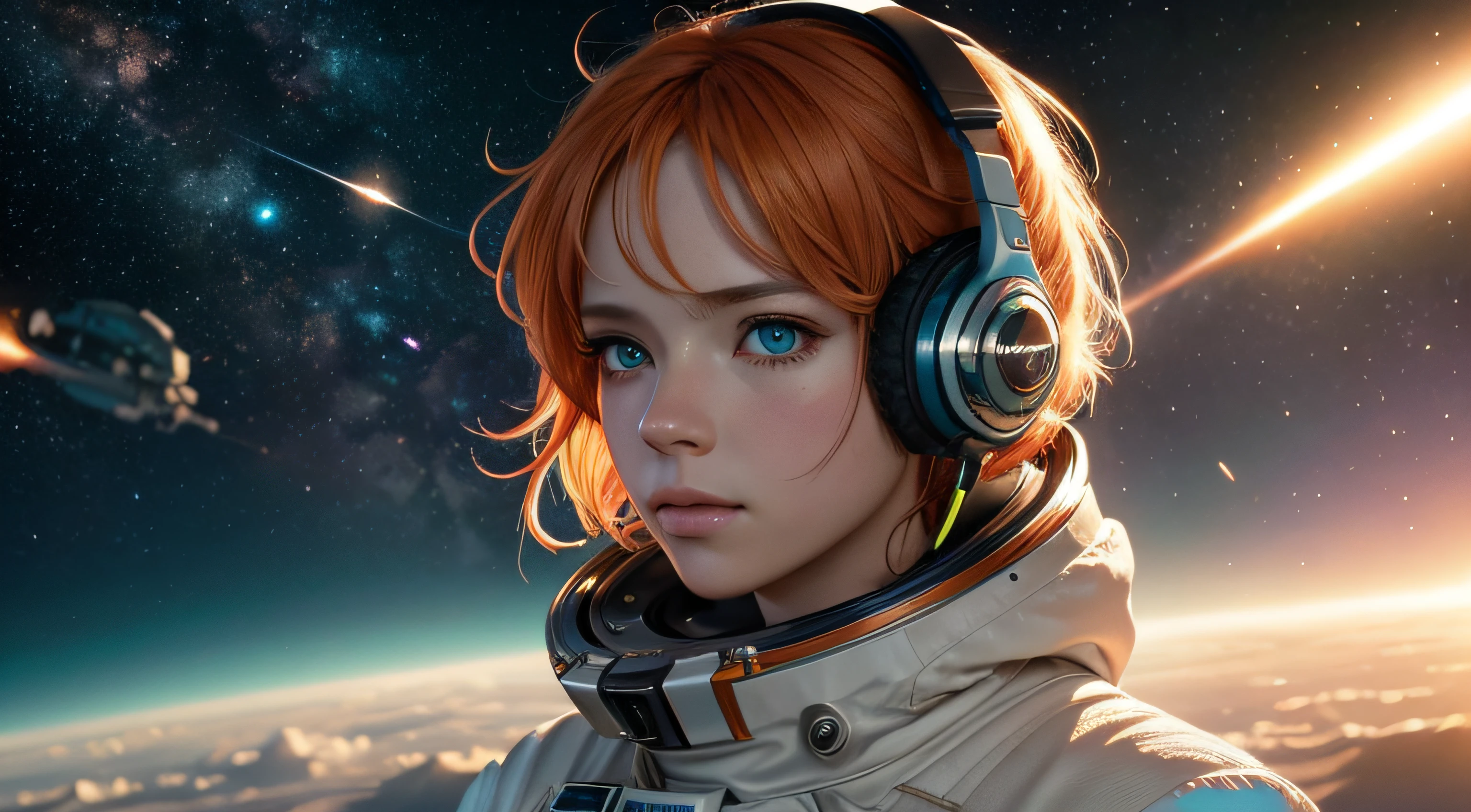 {{masterpiece}}, best quality, extremely detailed CG unity 8k wallpaper, anime style, cinematic lighting, lens flare, dust, colorful light, particles, heterochromia, (colorful:1.5)，beautiful astronaut girl with white tech suit clothes，orange hair, green eyes, listening music with headphones, Abstract retro sci-fi background，Arte de Moebius，A arte de Ashley Wood，dinamismo，Terra Errante，Space Starry Sky