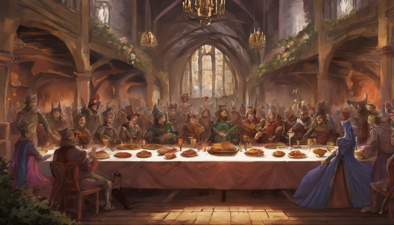medieval wedding banquet, grand, with the main adorned with tapestries and banners. Minstrels and jesters entertained the guests of nobility, court members and other influential figures. A lavish feast featured roasted meats, fruits, and pastries. There was plenty of wine and mead.